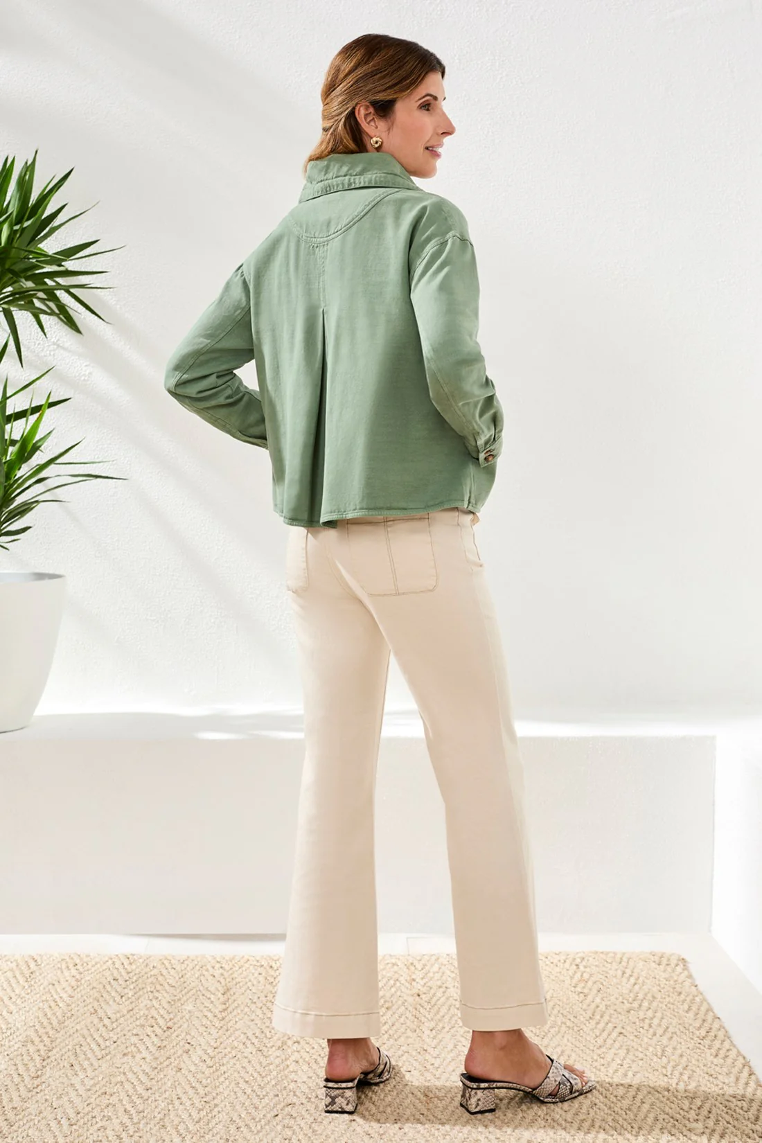 Slub Twill Front Button Jacket With Drawcord Collar-Moss - Image 4