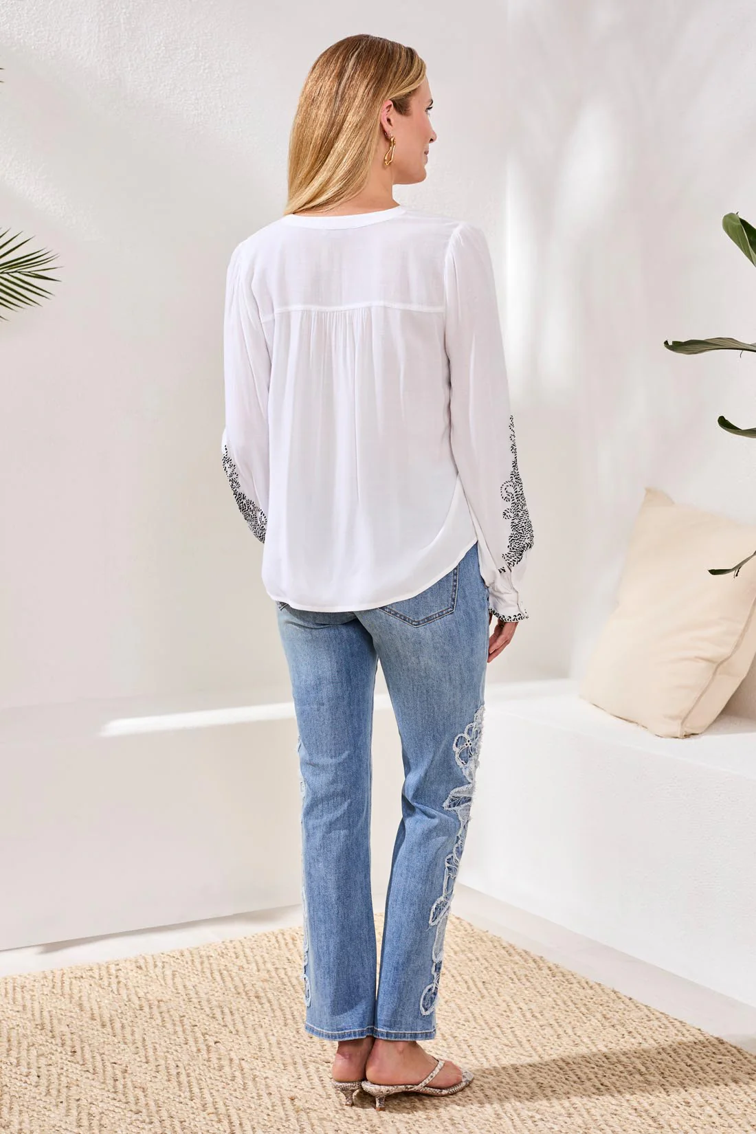 Viscose Notch Neck Embroidered Puff Sleeve Blouse-White - Image 4