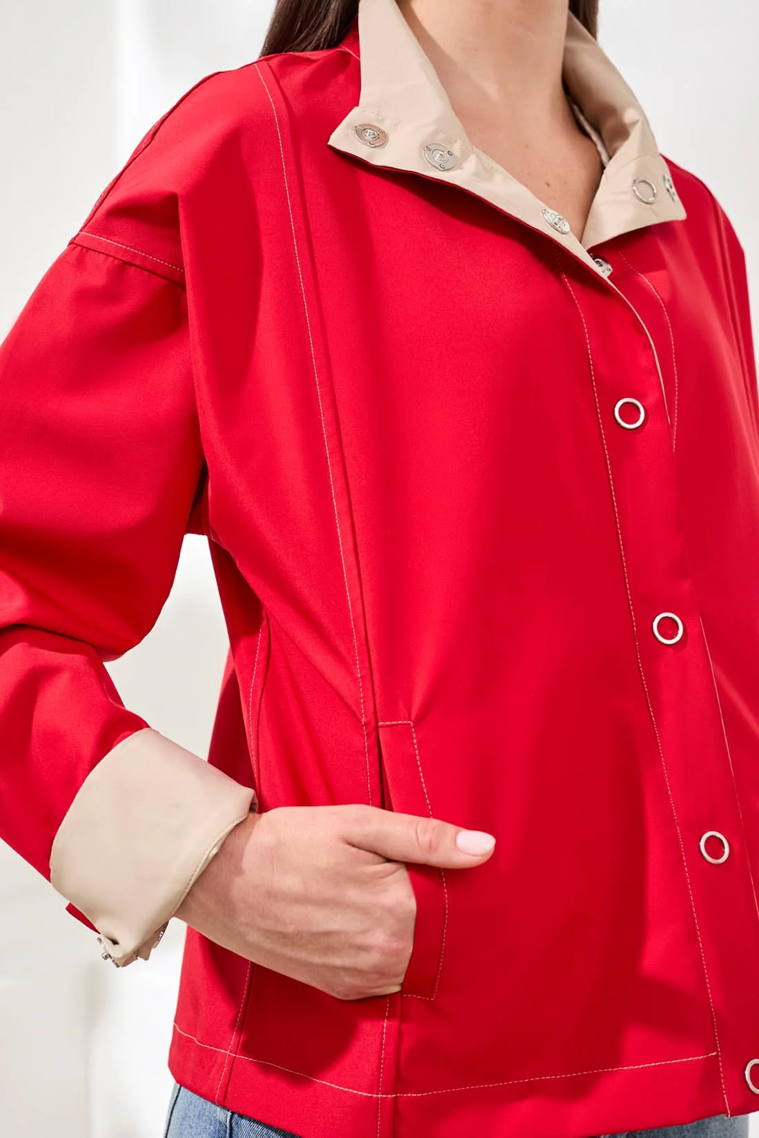 Reversible Snap Front High Collar Resort Jacket-Sangria - Image 4