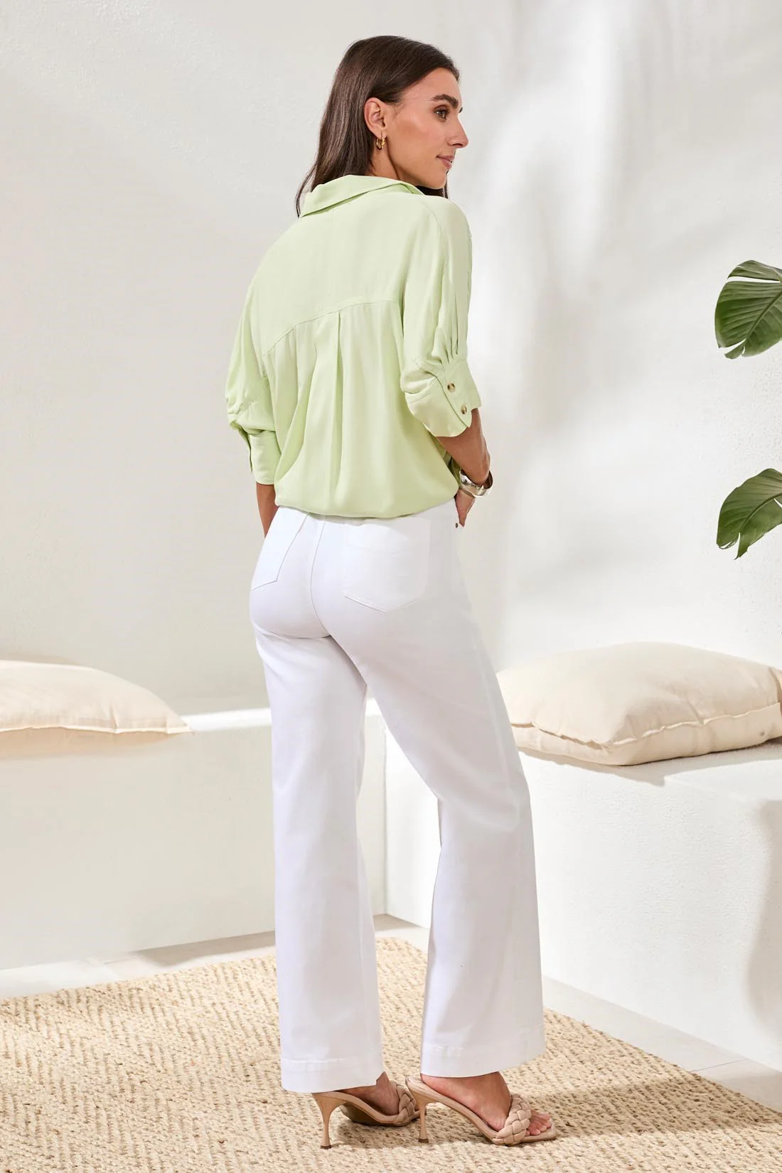 Soft Satin Drop Shoulder Classic Blouse-Limecream - Image 4