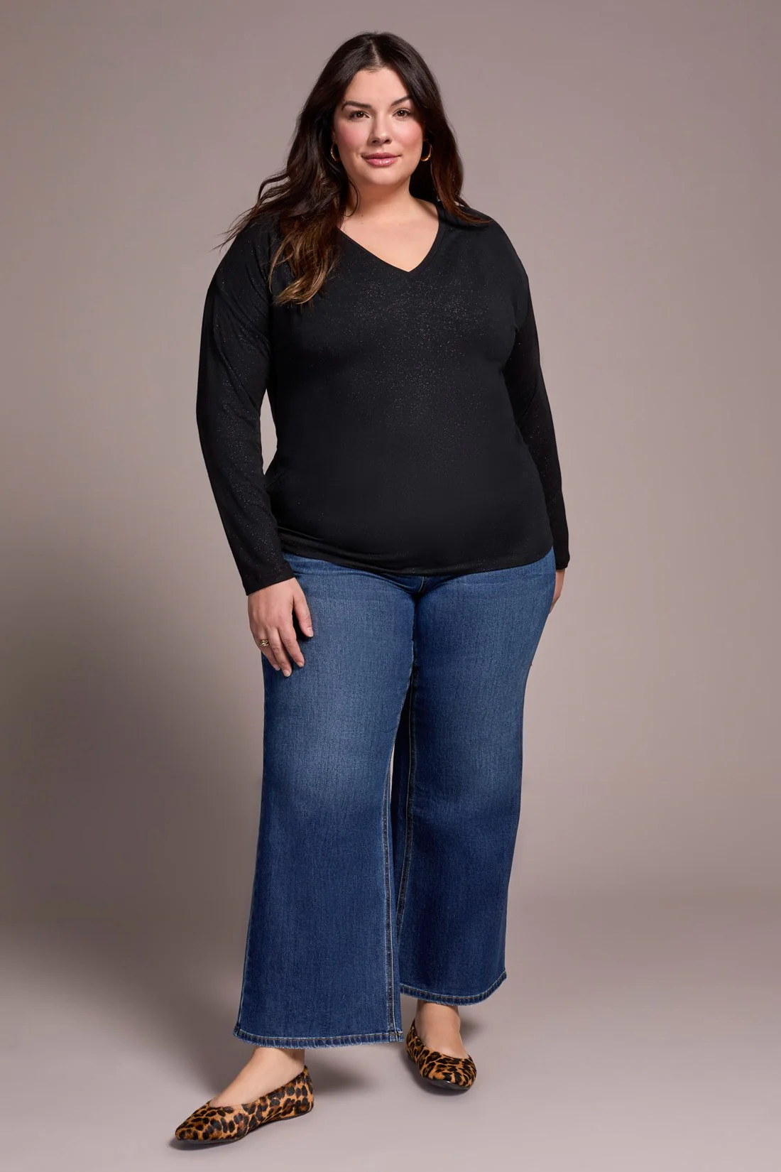 Soft Shine Effect V-Neck Drop Shoulder Top-Black - Image 2