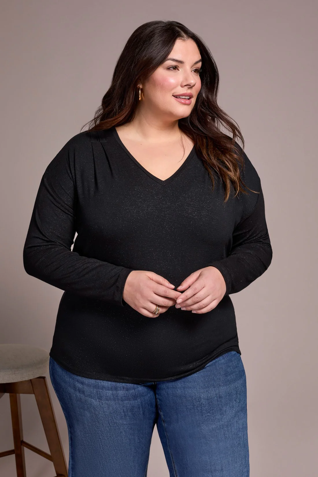 Soft Shine Effect V-Neck Drop Shoulder Top-Black - Image 3