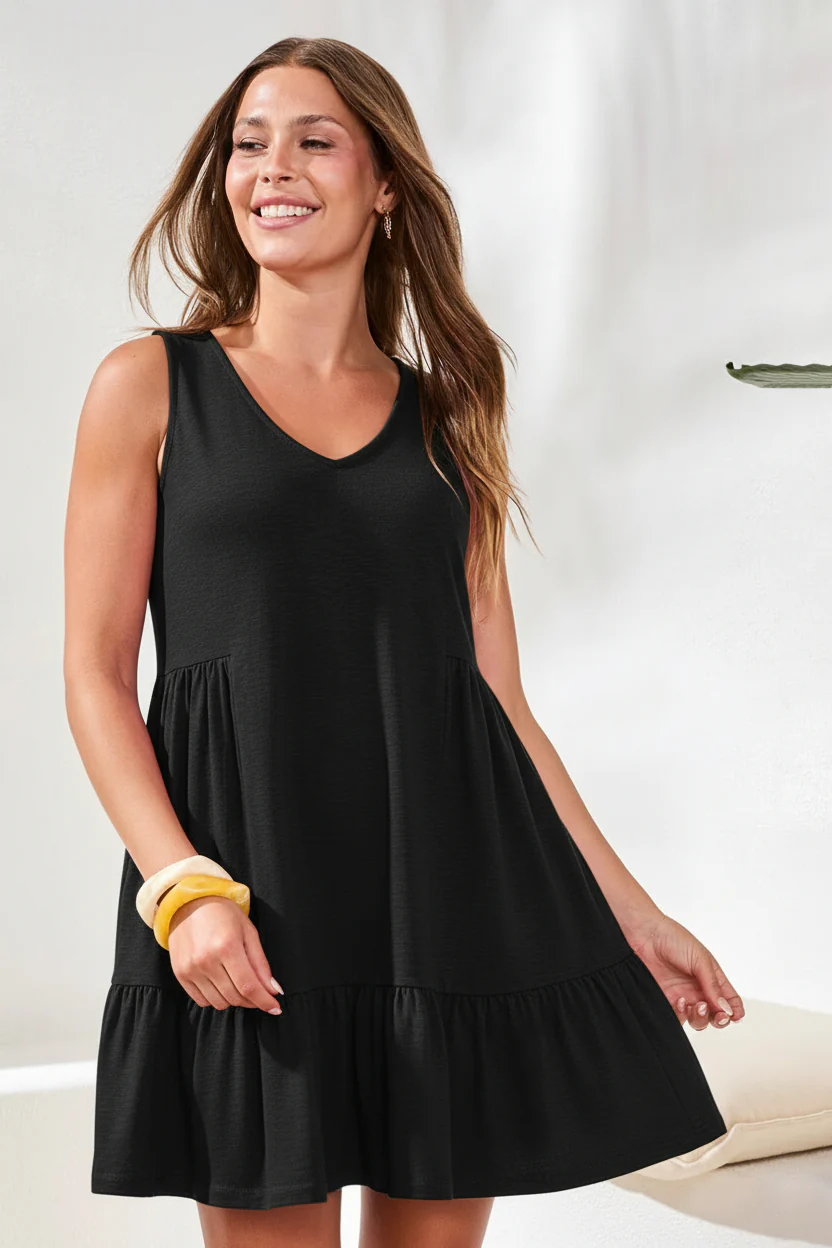 Soft Slub Knit Sleeveless V-Neck Tiered Dress-Black - Image 3
