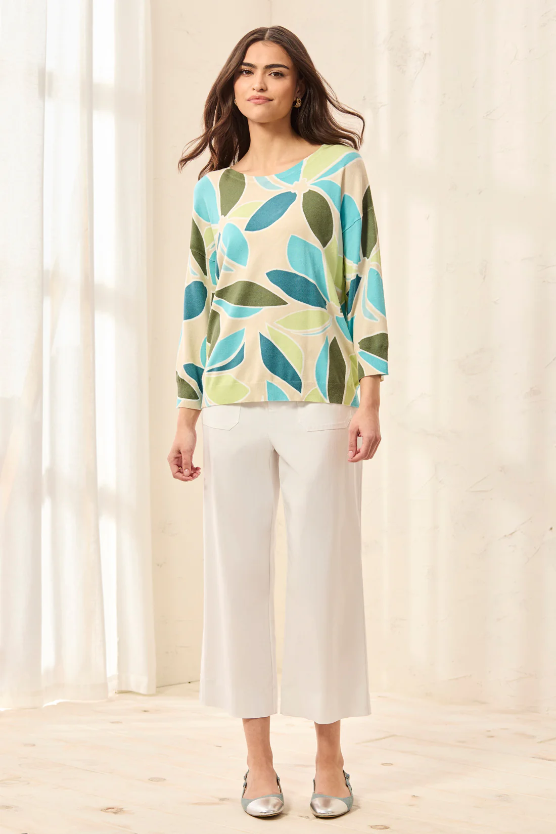 Soft Yarn Three-Quarter Sleeve Crewneck Sweater-Aqua sky