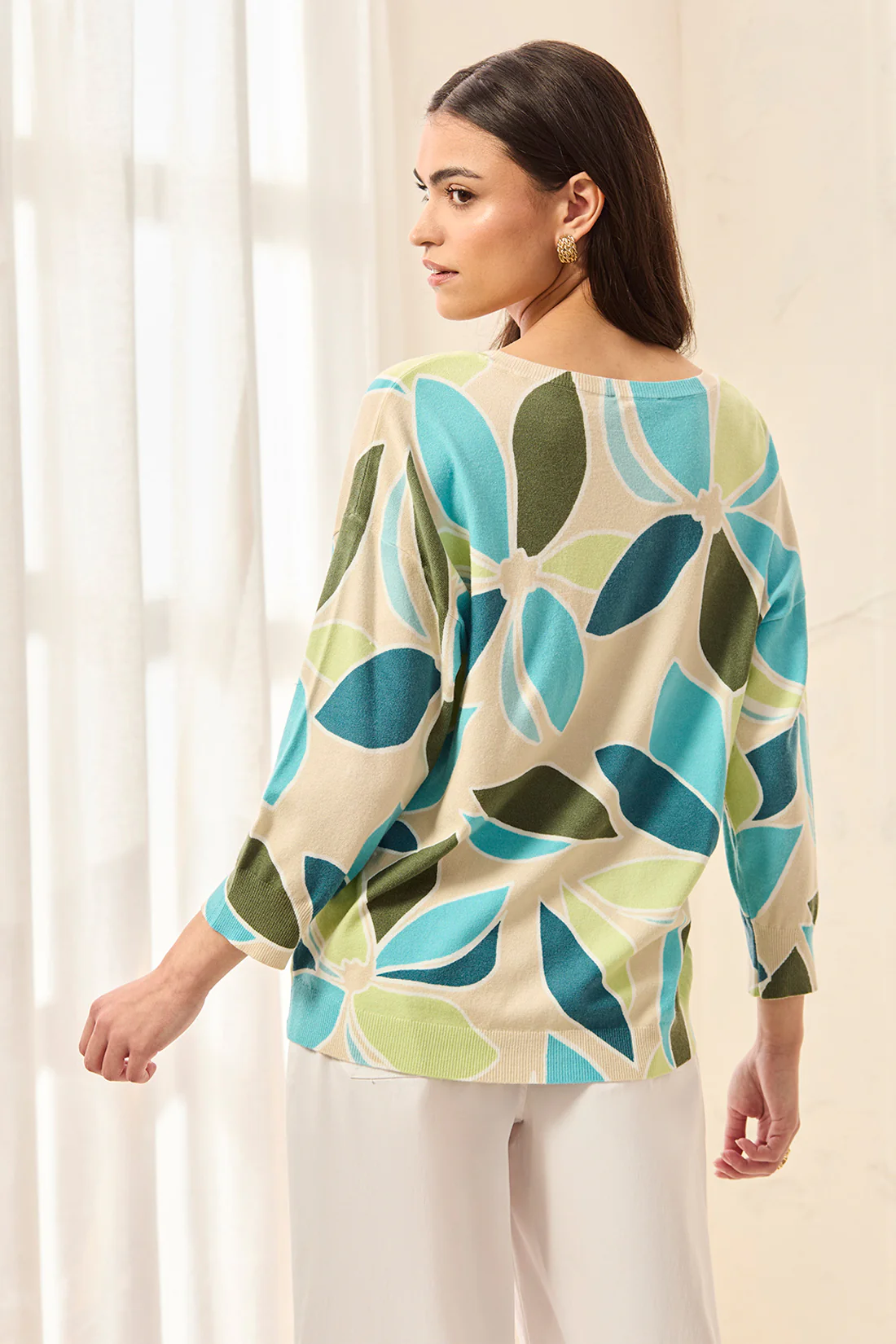 Soft Yarn Three-Quarter Sleeve Crewneck Sweater-Aqua sky - Image 3