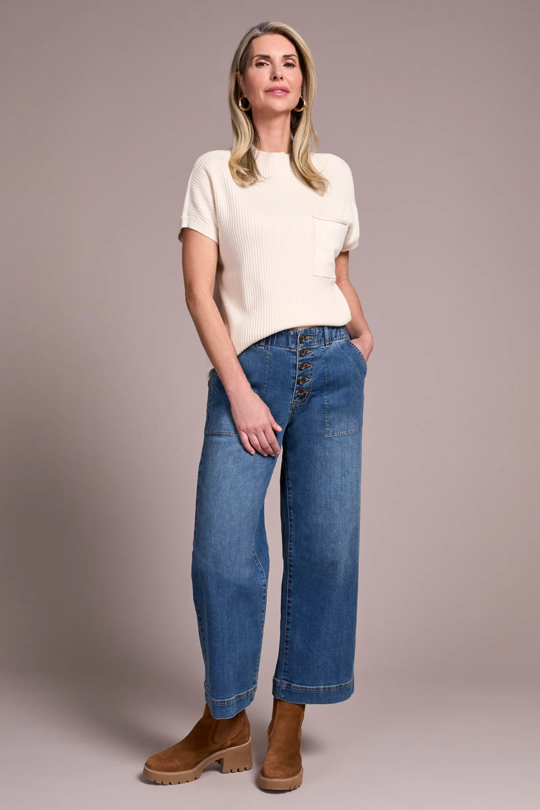 Sophia Curvy Comfort Stretch Wide Leg Crop Jeans-Truevintage - Image 3