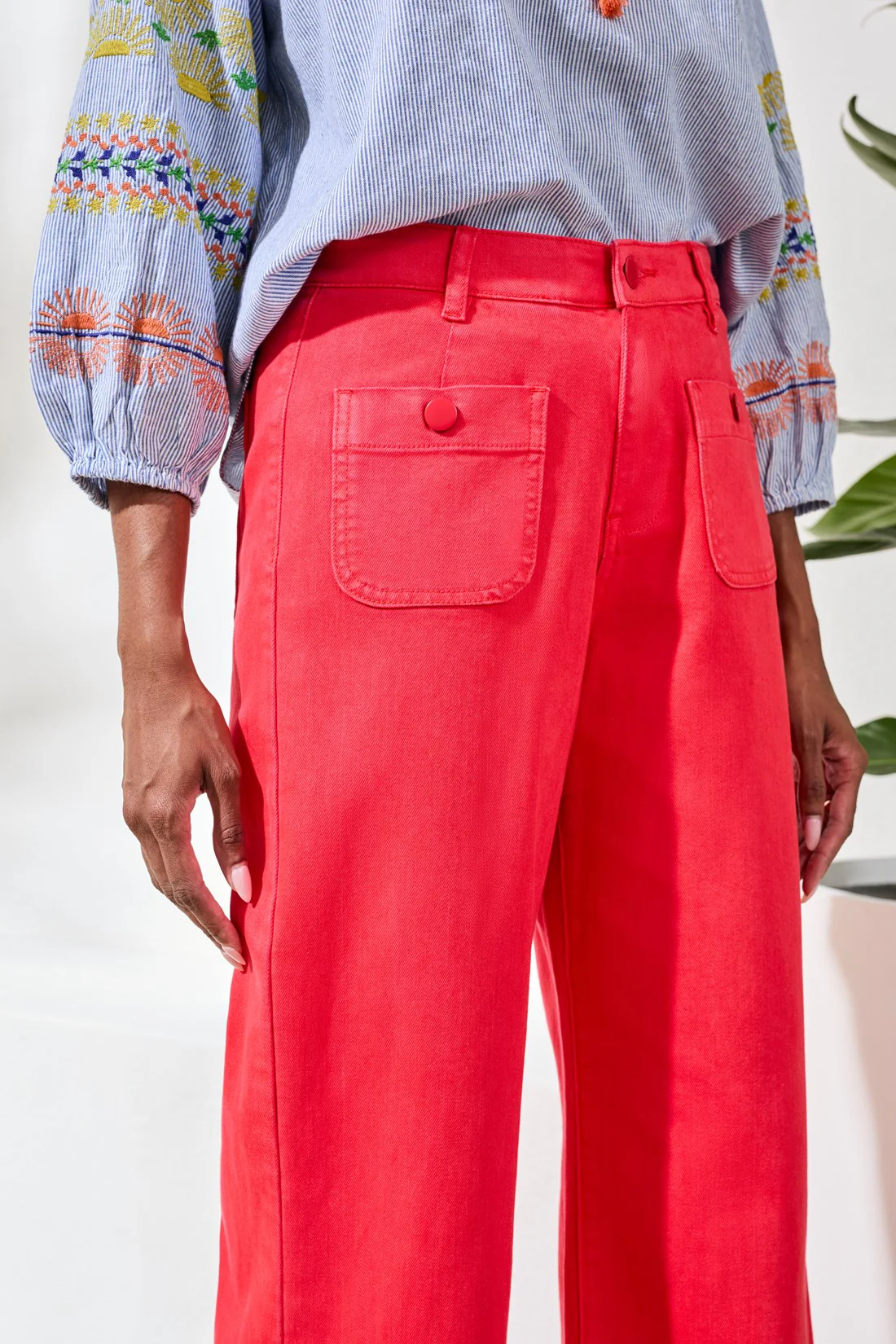 Sophia High-Waisted Kick-Flare Jeans With Front Pockets-Coralred - Image 3