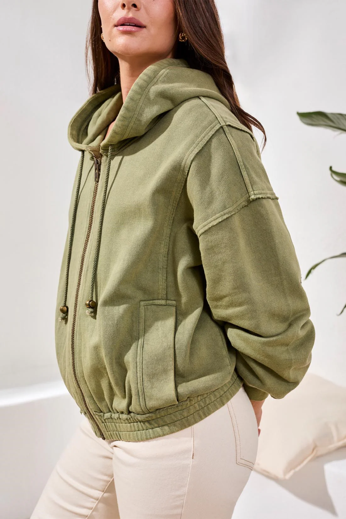 Special Wash Drop Shoulder Zip Up Hoddie-Rainforest - Image 2