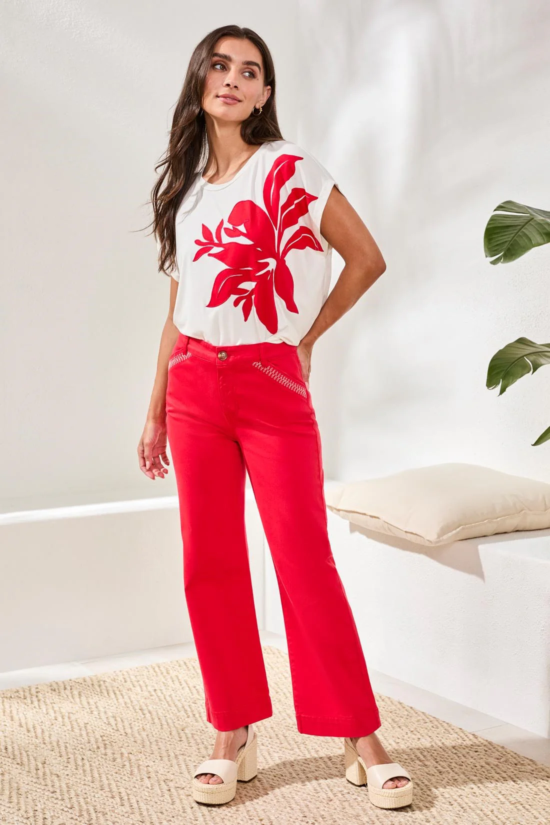 Comfort Stretch Kick Flare Pants W Topstitch Pockets-Sangria - Image 3