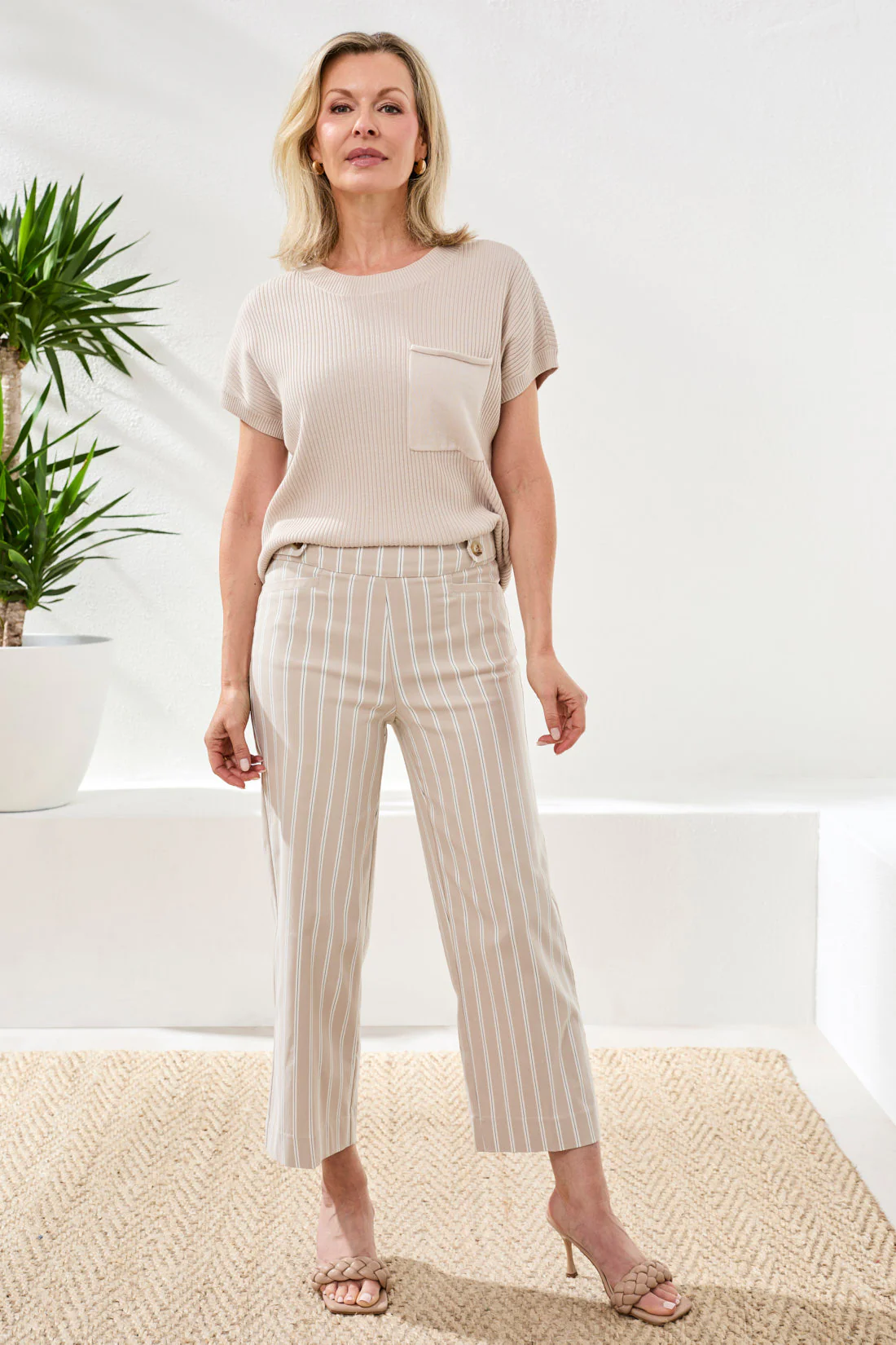 Bengaline Stripe Pull-On Capri Pants-Beach