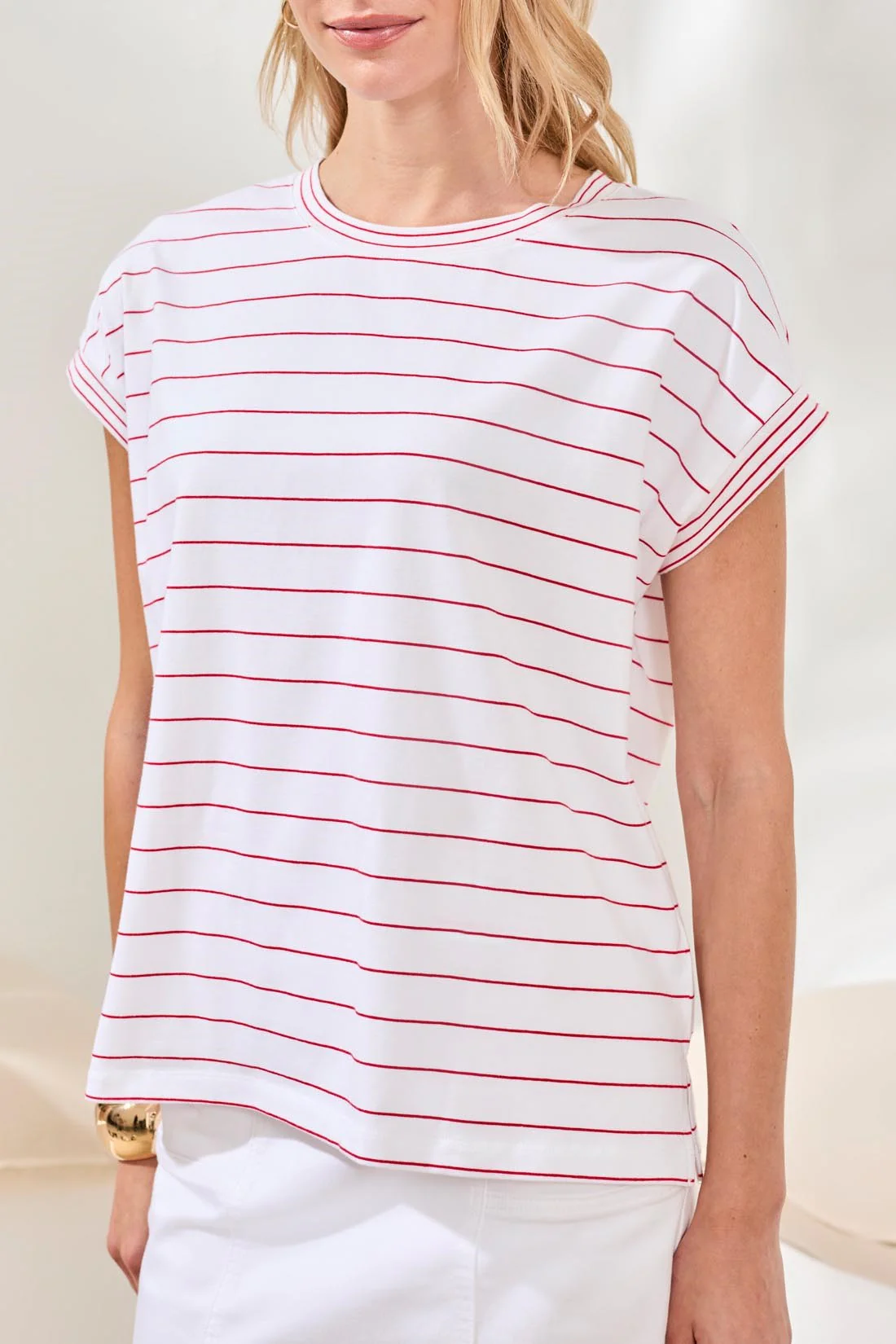 Stripe Jersey Cap Sleeve Crew Neck Top-Sangria - Image 2
