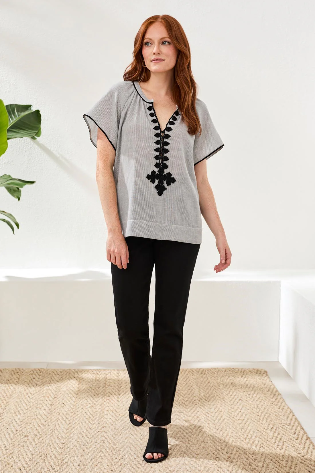 Flutter Sleeve Embroidered Detail Notch Neck Blouse-Black