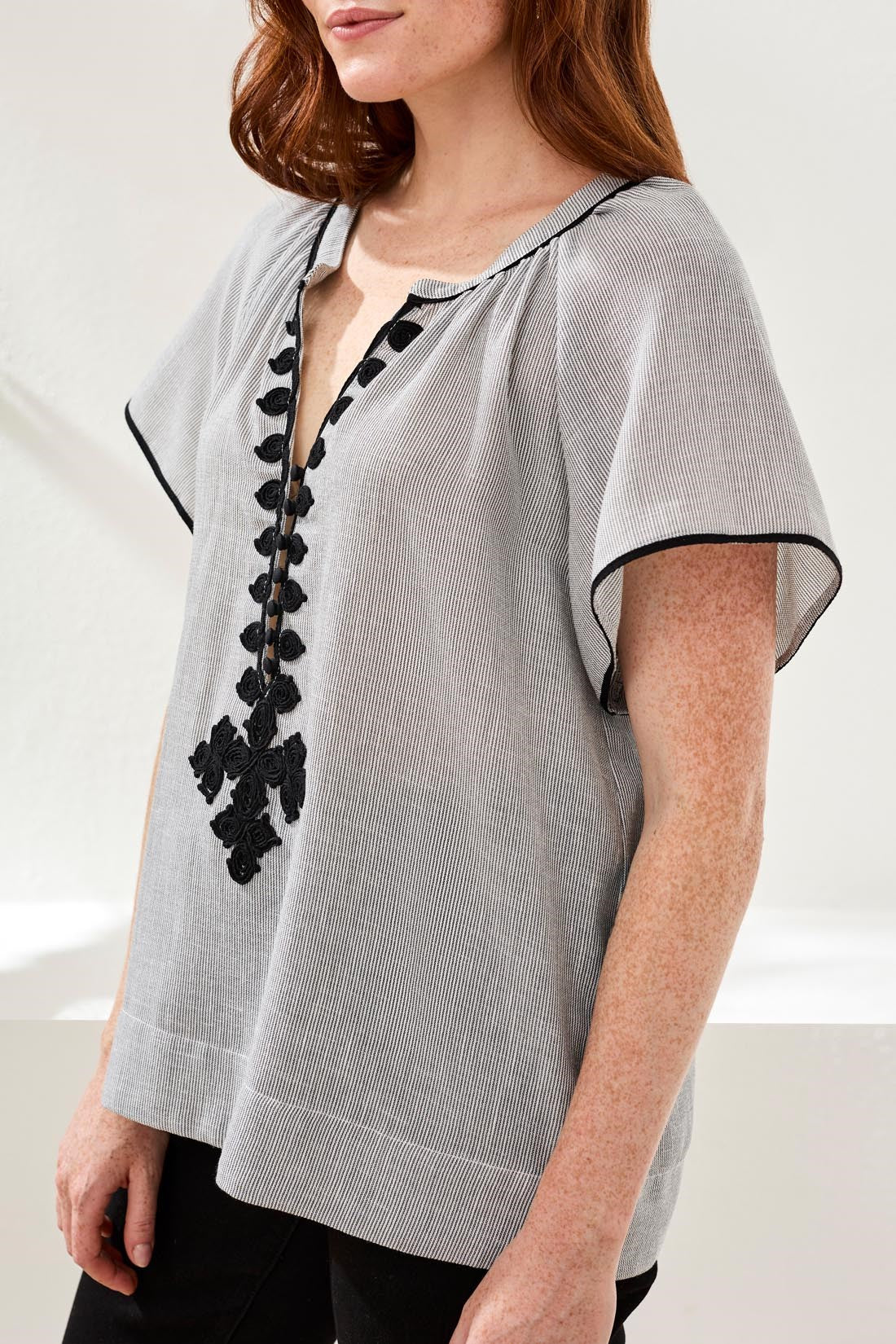 Flutter Sleeve Embroidered Detail Notch Neck Blouse-Black - Image 2