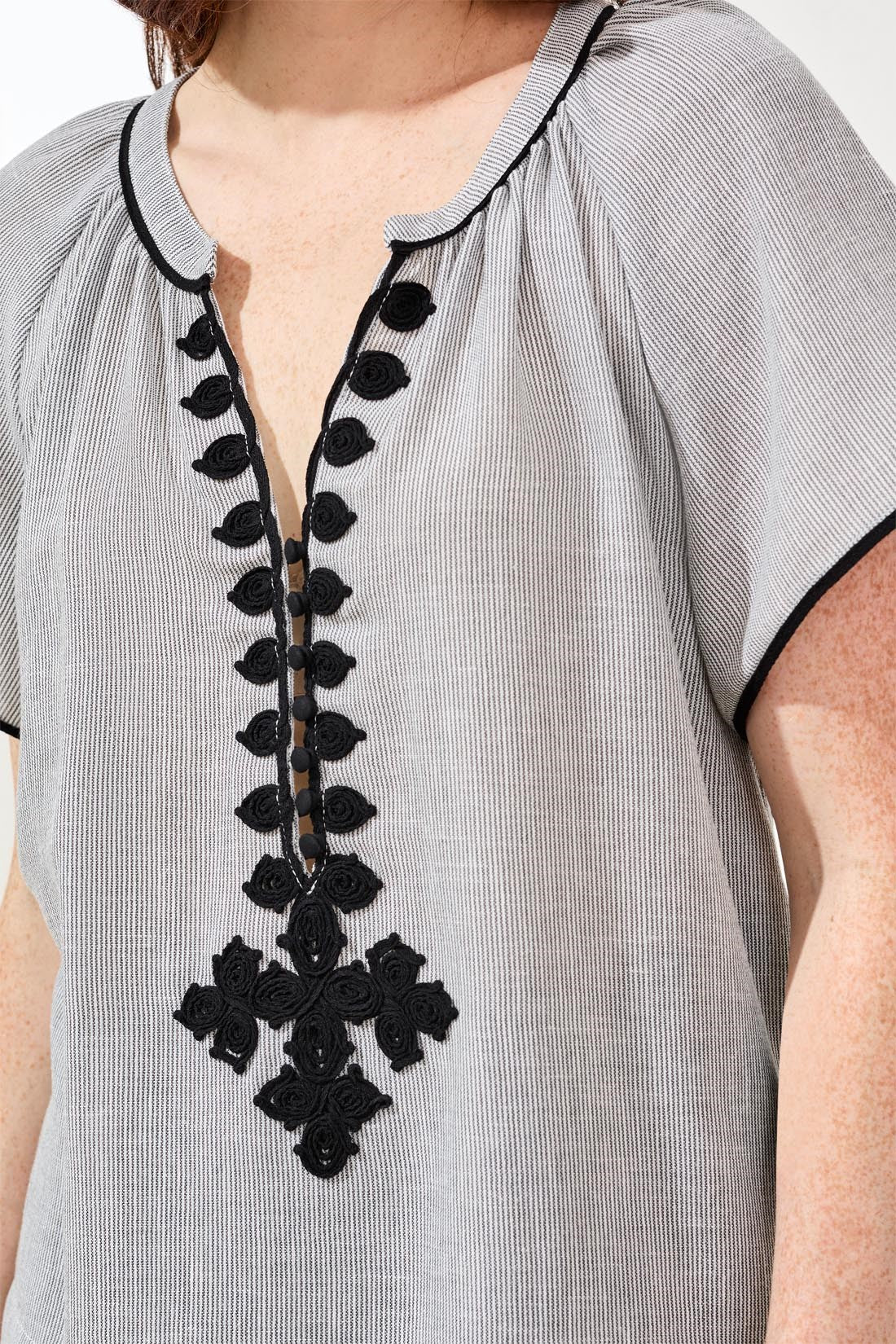 Flutter Sleeve Embroidered Detail Notch Neck Blouse-Black - Image 3