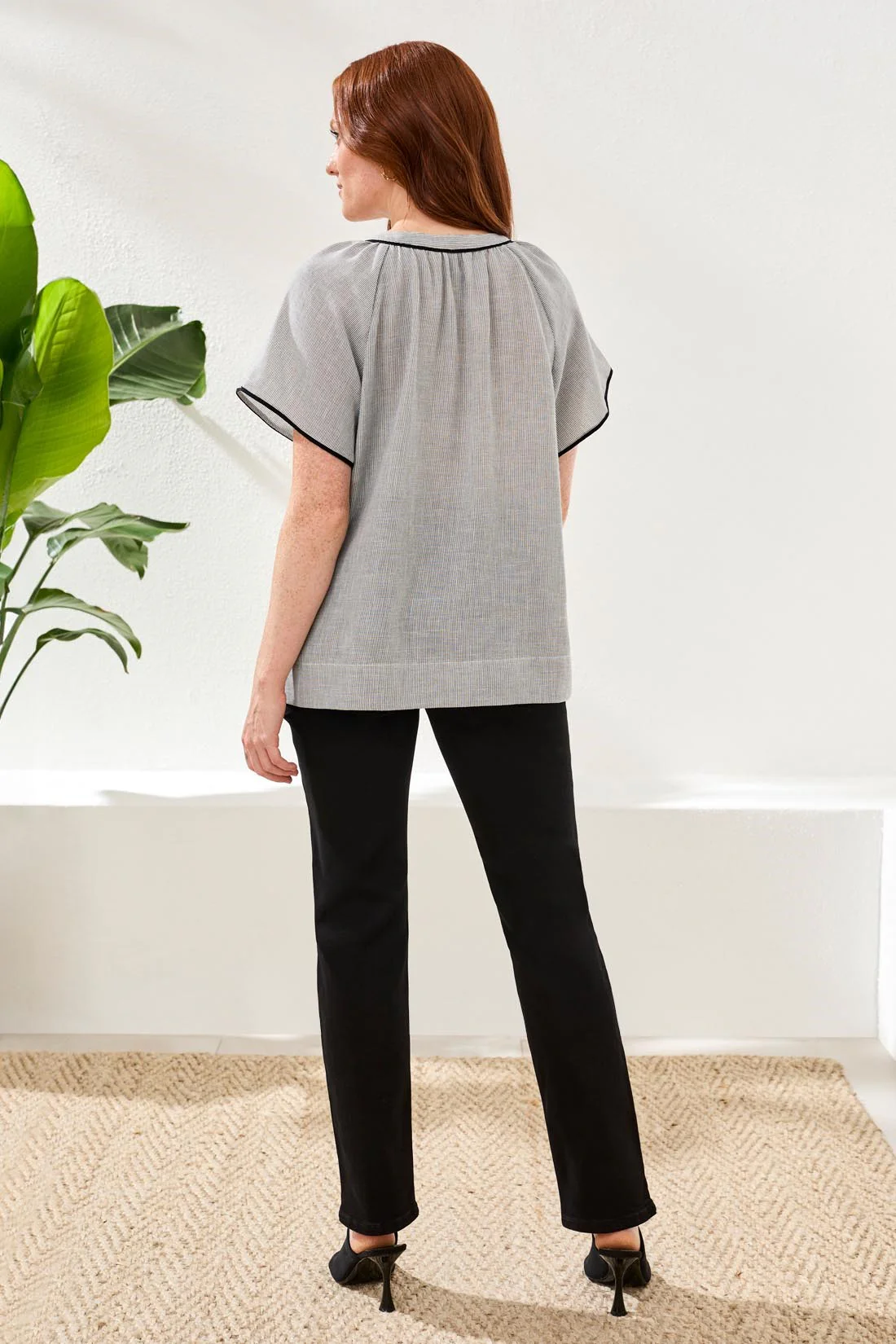 Flutter Sleeve Embroidered Detail Notch Neck Blouse-Black - Image 4