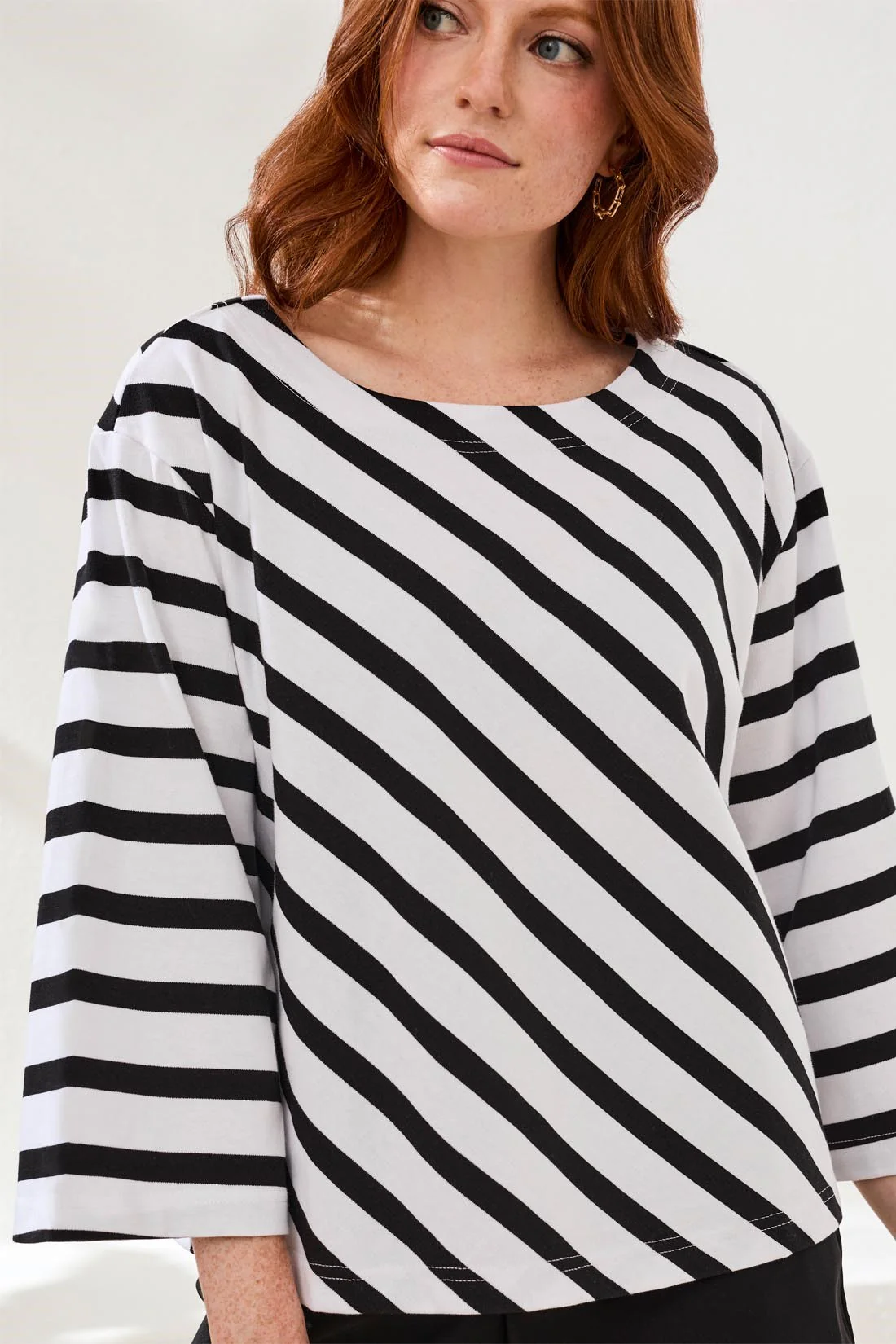 Cotton Striped Boat Neck Bell‑Sleeve Top-Black - Image 2
