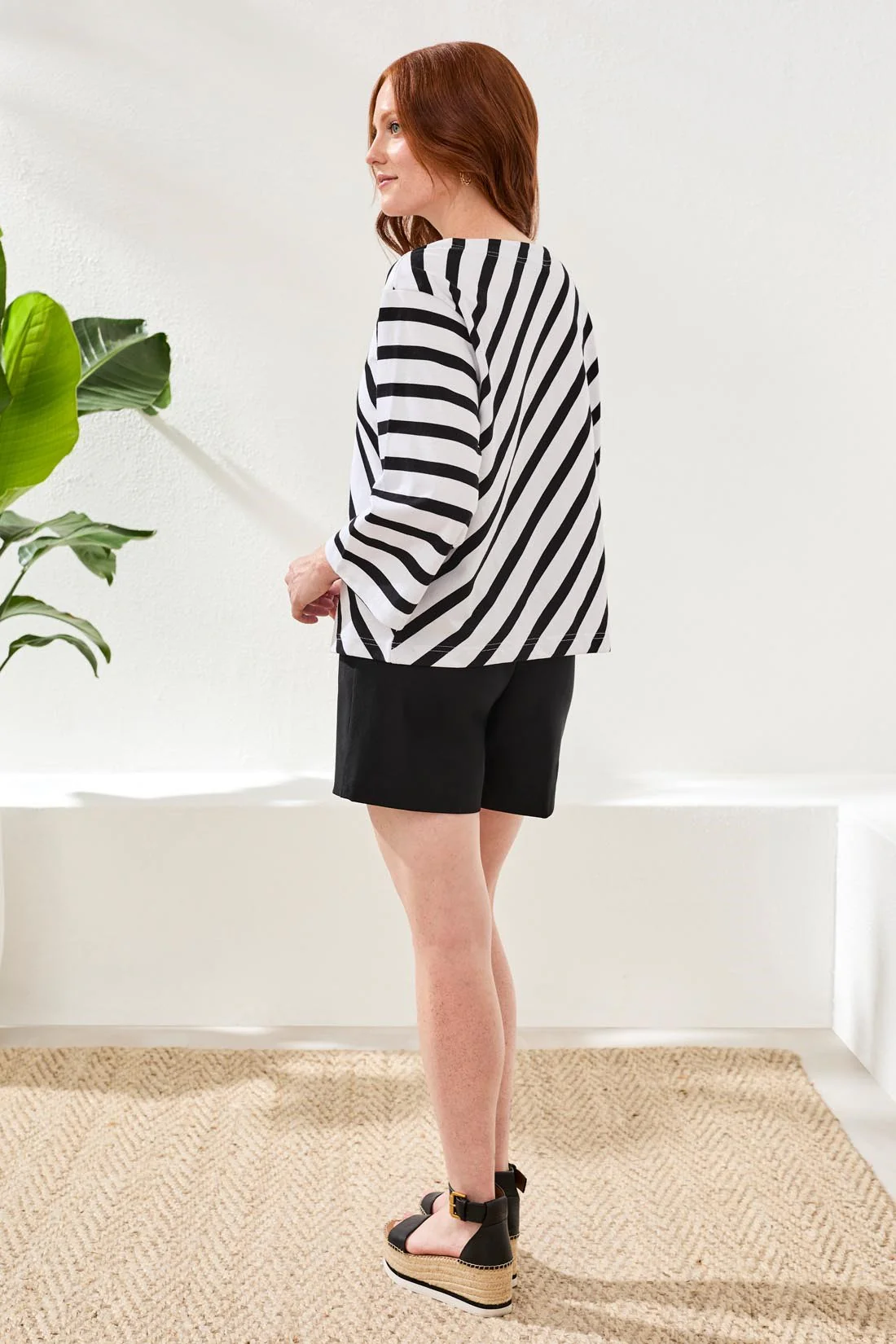 Cotton Striped Boat Neck Bell‑Sleeve Top-Black - Image 4