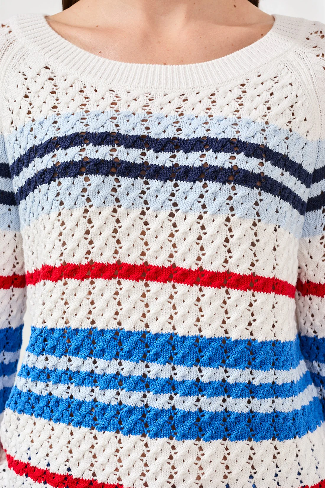 Striped Cotton Crew Neck Sweater With Cable Detail-Royal - Image 3
