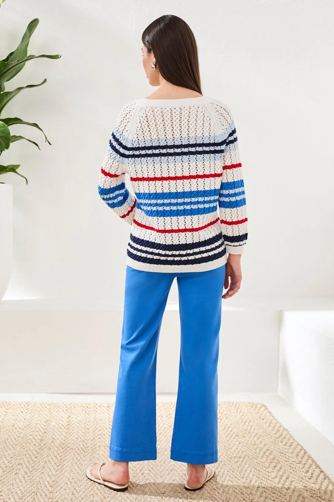 Striped Cotton Crew Neck Sweater With Cable Detail-Royal - Image 4
