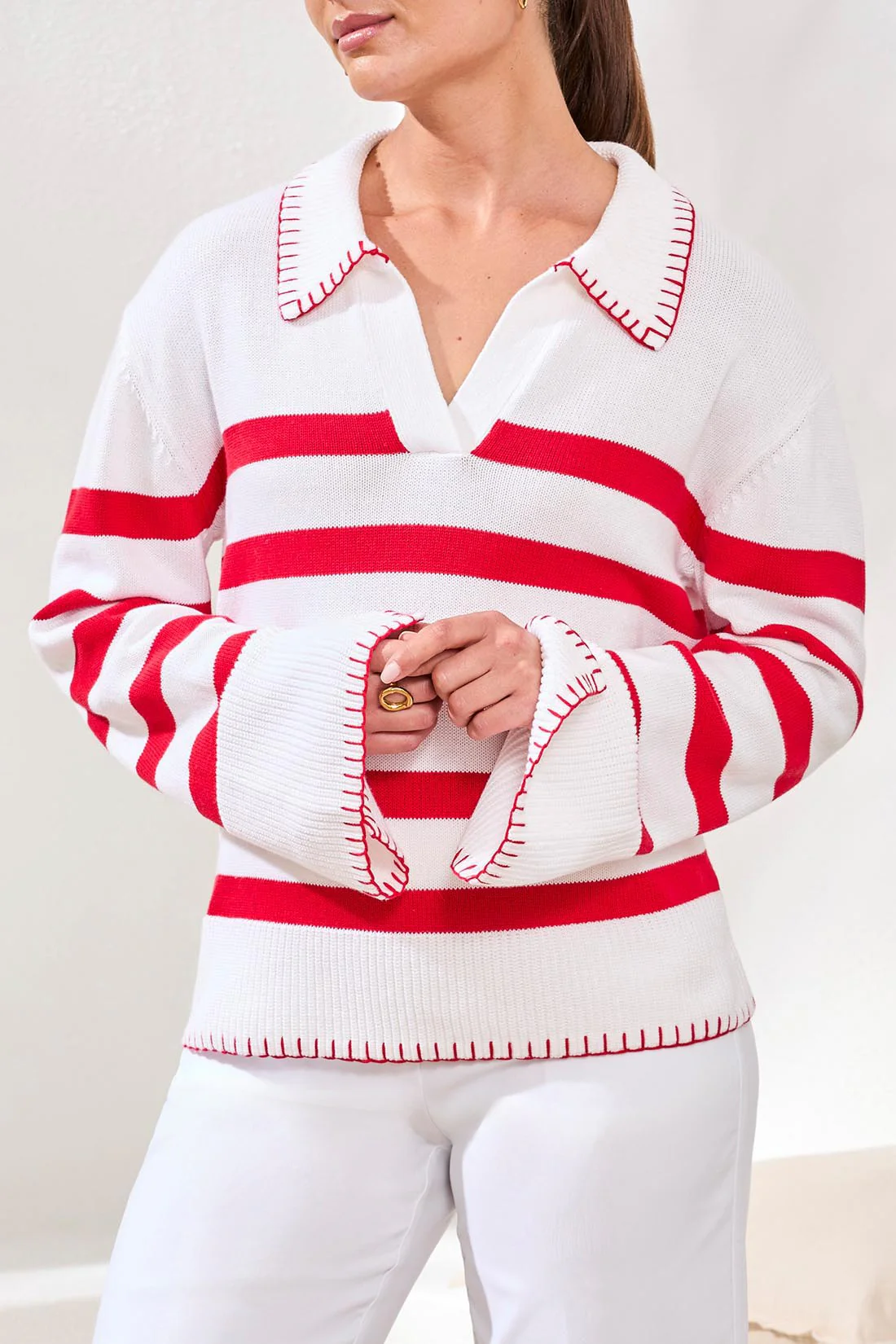 Striped Cotton Polo Sweater With Contrast Blanket Stitch-Sangria - Image 3