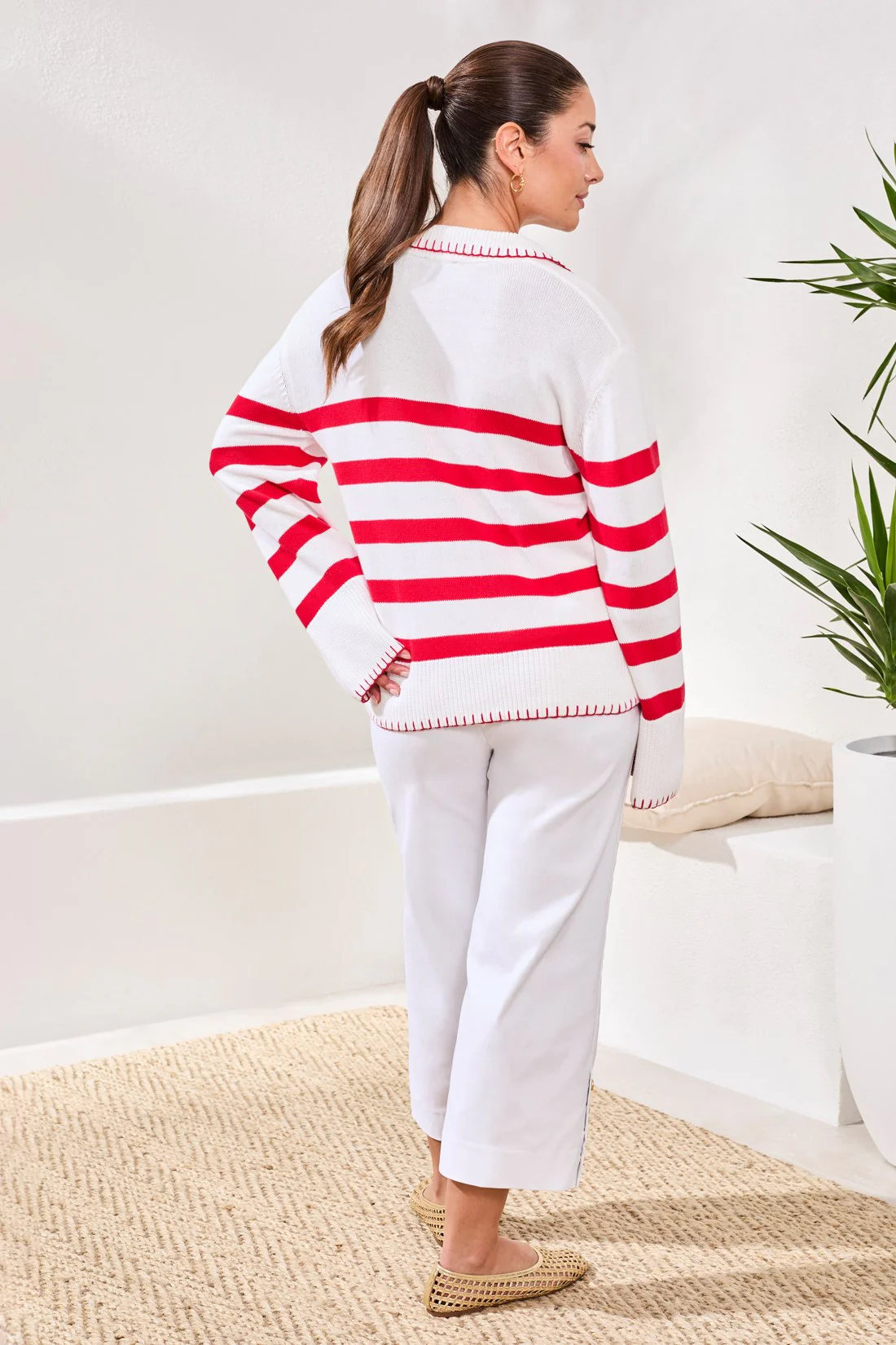 Striped Cotton Polo Sweater With Contrast Blanket Stitch-Sangria - Image 4