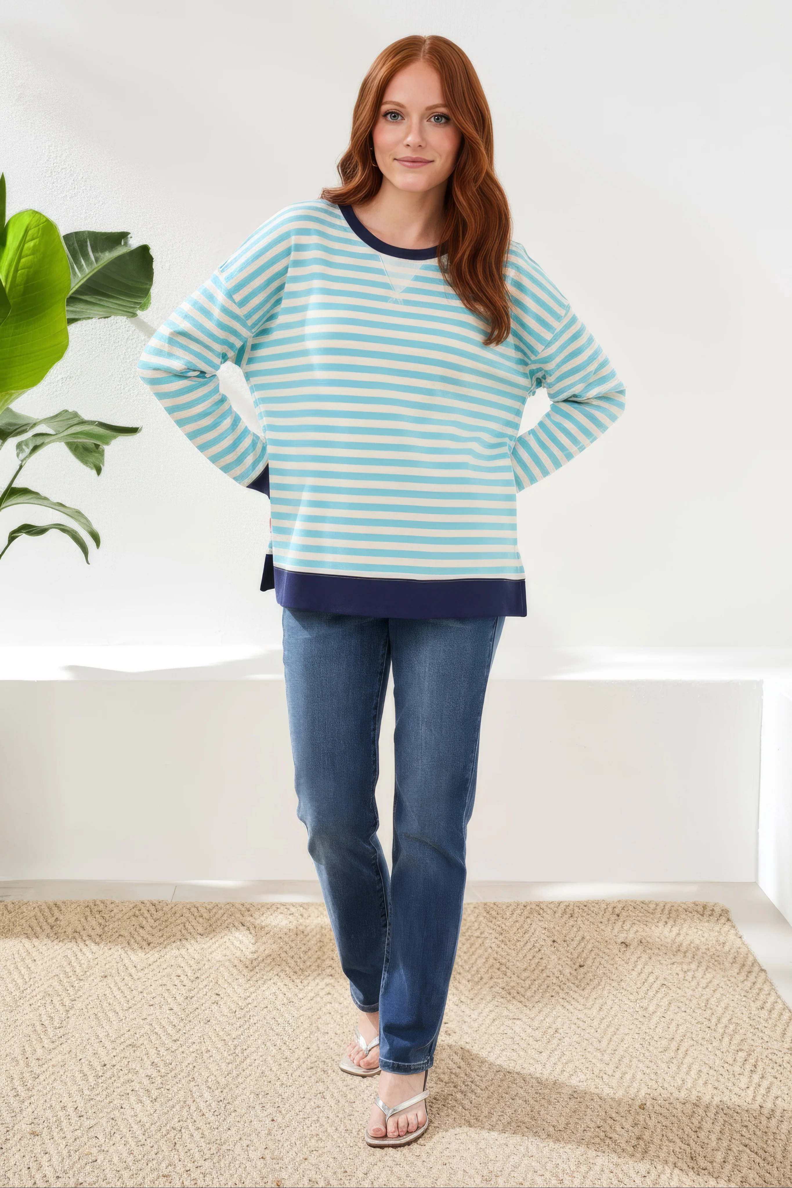 Cotton Crewneck Drop‑Shoulder Long Sleeve Top with Combo Trim-Aqua sky