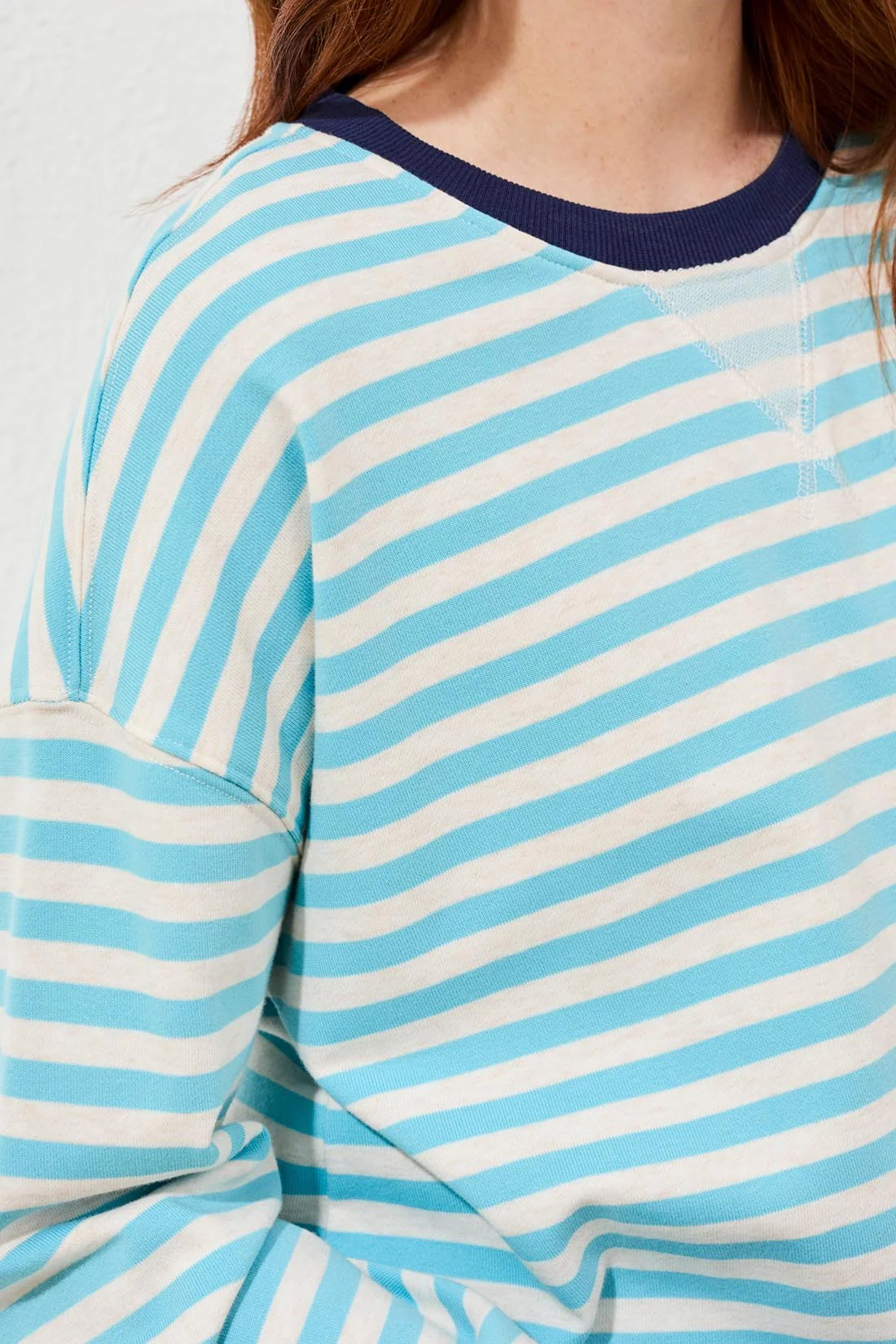 Cotton Crewneck Drop‑Shoulder Long Sleeve Top with Combo Trim-Aqua sky - Image 2