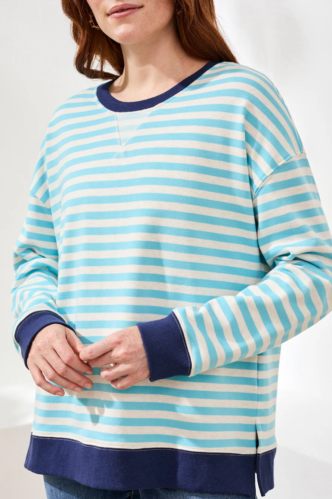 Cotton Crewneck Drop‑Shoulder Long Sleeve Top with Combo Trim-Aqua sky - Image 3
