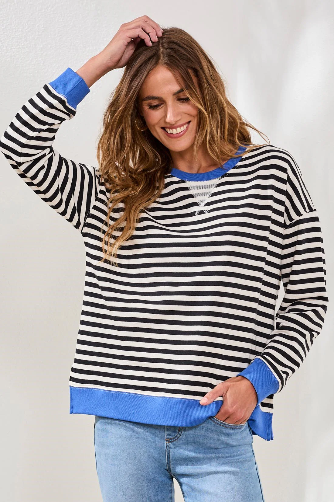 Cotton Crewneck Drop‑Shoulder Long Sleeve Top with Combo Trim-Black