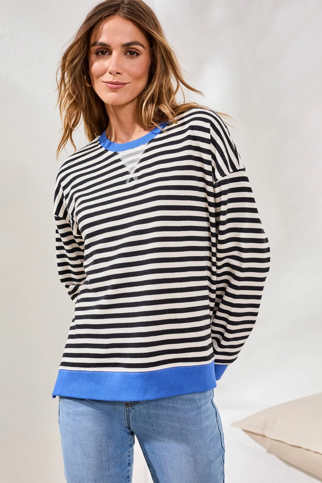 Cotton Crewneck Drop‑Shoulder Long Sleeve Top with Combo Trim-Black - Image 3