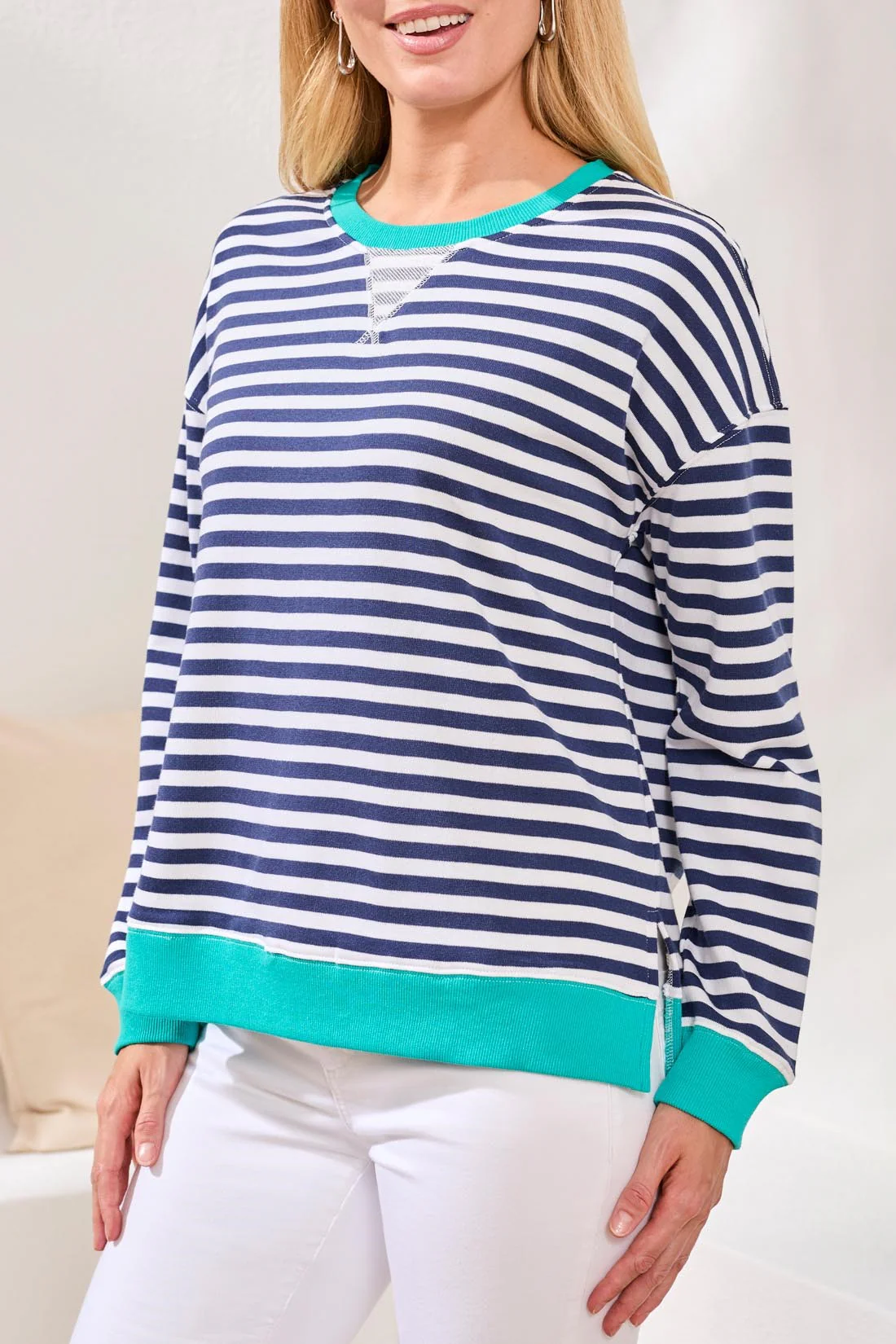 Cotton Crewneck Drop‑Shoulder Long Sleeve Top with Combo Trim-Jet blue - Image 3