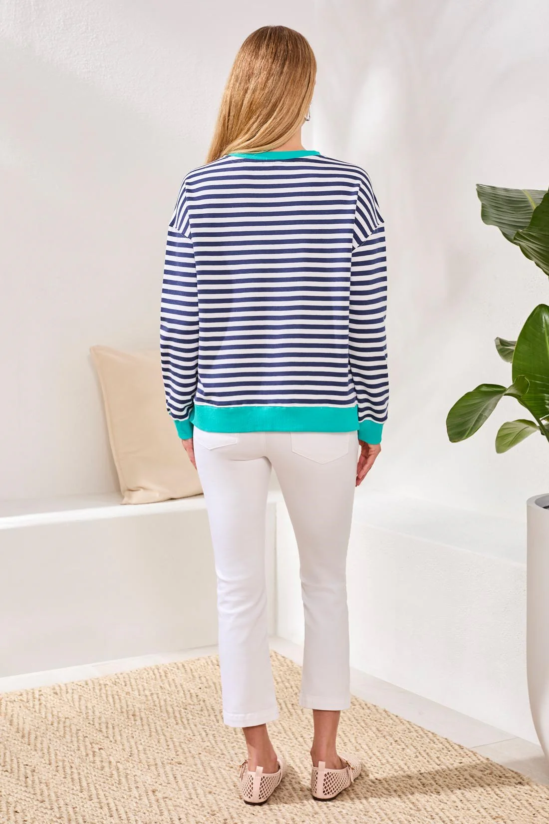 Cotton Crewneck Drop‑Shoulder Long Sleeve Top with Combo Trim-Jet blue - Image 4