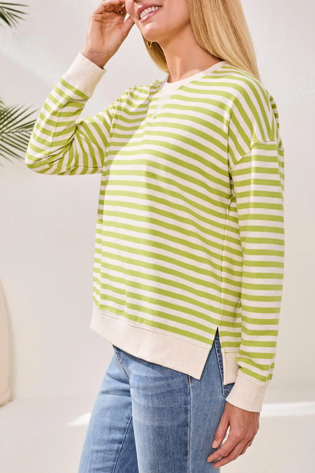 Cotton Crewneck Drop‑Shoulder Long Sleeve Top with Combo Trim-Mintleaf - Image 3