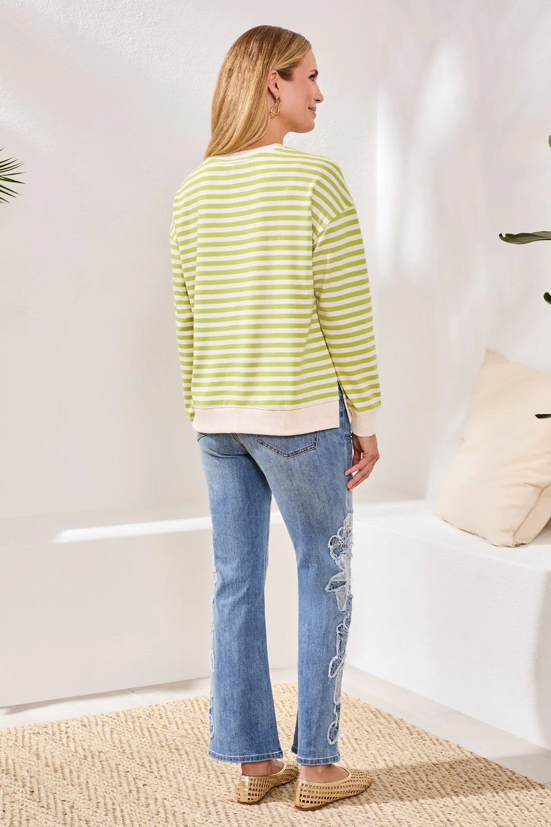 Cotton Crewneck Drop‑Shoulder Long Sleeve Top with Combo Trim-Mintleaf - Image 4