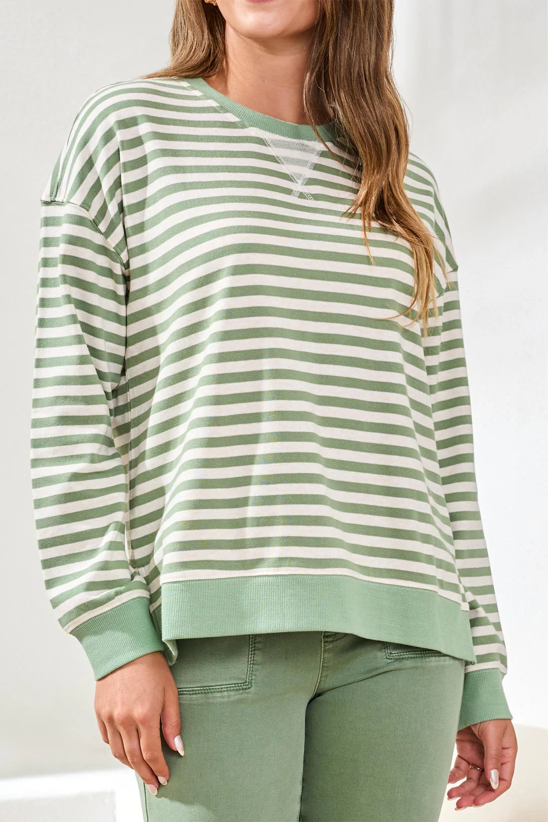 Cotton Crewneck Drop‑Shoulder Long Sleeve Top with Combo Trim-Moss - Image 3