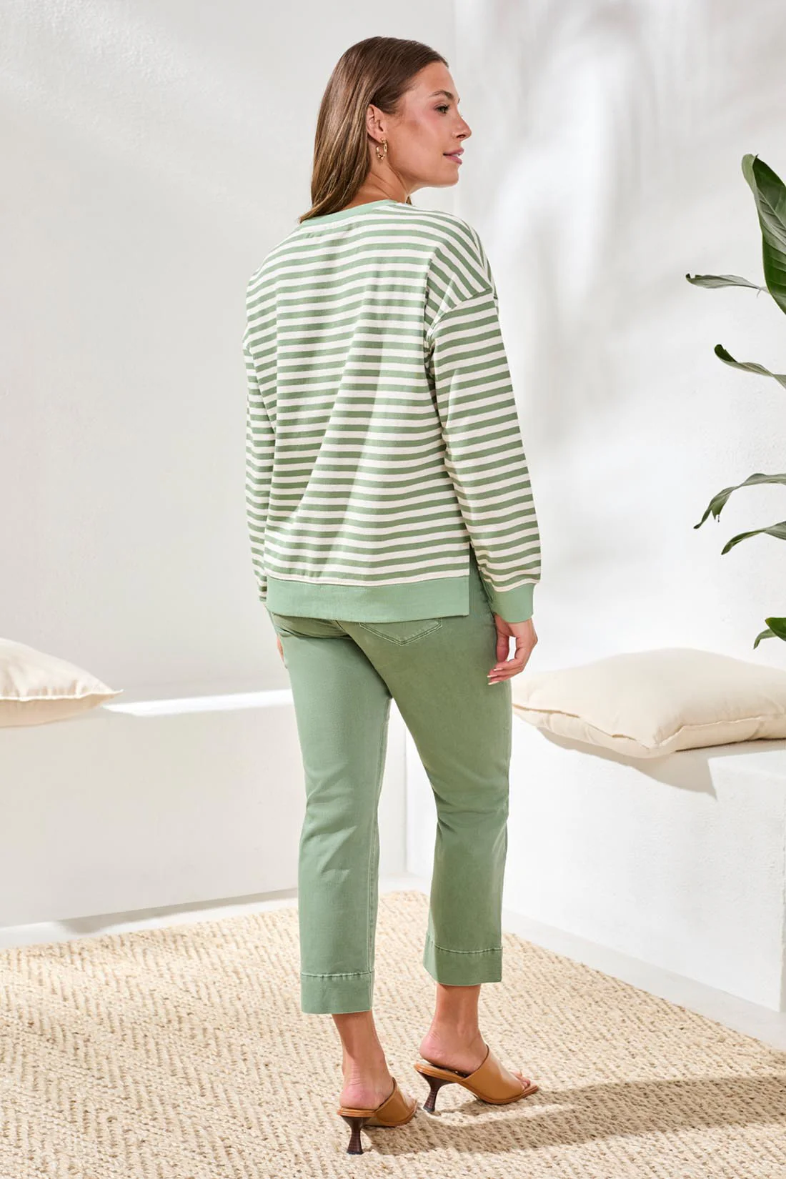 Cotton Crewneck Drop‑Shoulder Long Sleeve Top with Combo Trim-Moss - Image 4