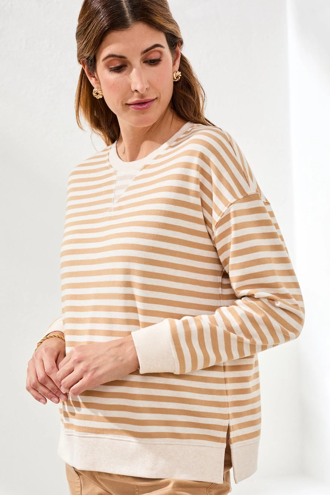 Cotton Crewneck Drop‑Shoulder Long Sleeve Top with Combo Trim-Sesame - Image 3