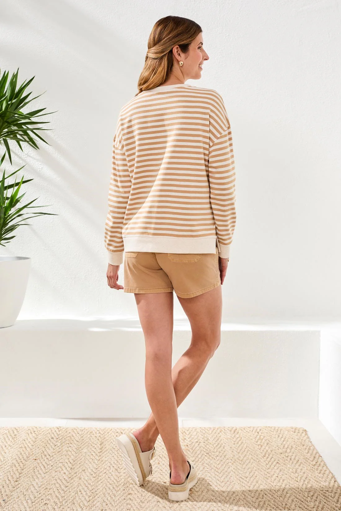 Cotton Crewneck Drop‑Shoulder Long Sleeve Top with Combo Trim-Sesame - Image 4
