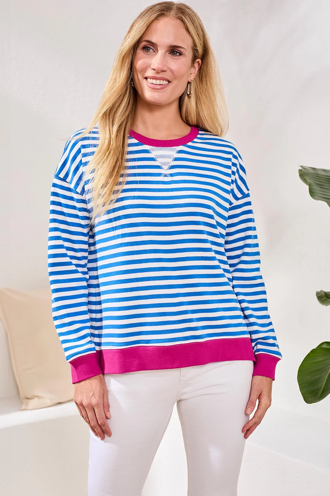 Cotton Crewneck Drop‑Shoulder Long Sleeve Top with Combo Trim-Turkishsea