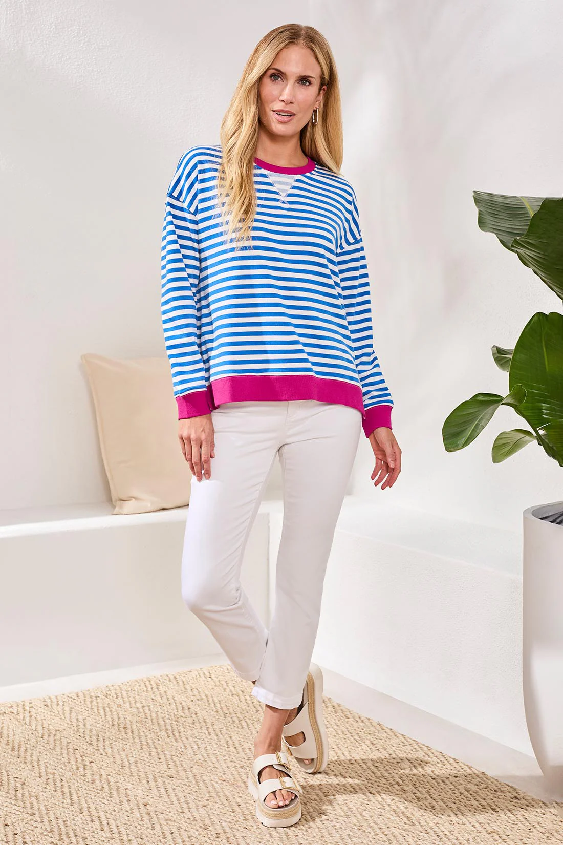 Cotton Crewneck Drop‑Shoulder Long Sleeve Top with Combo Trim-Turkishsea - Image 2