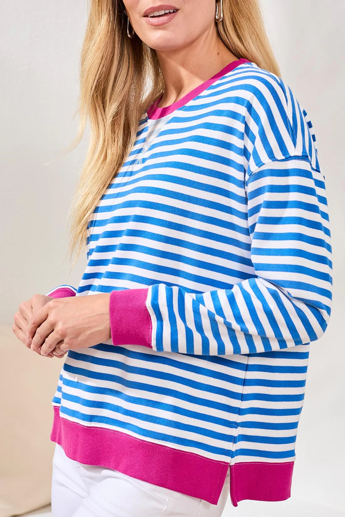 Cotton Crewneck Drop‑Shoulder Long Sleeve Top with Combo Trim-Turkishsea - Image 3