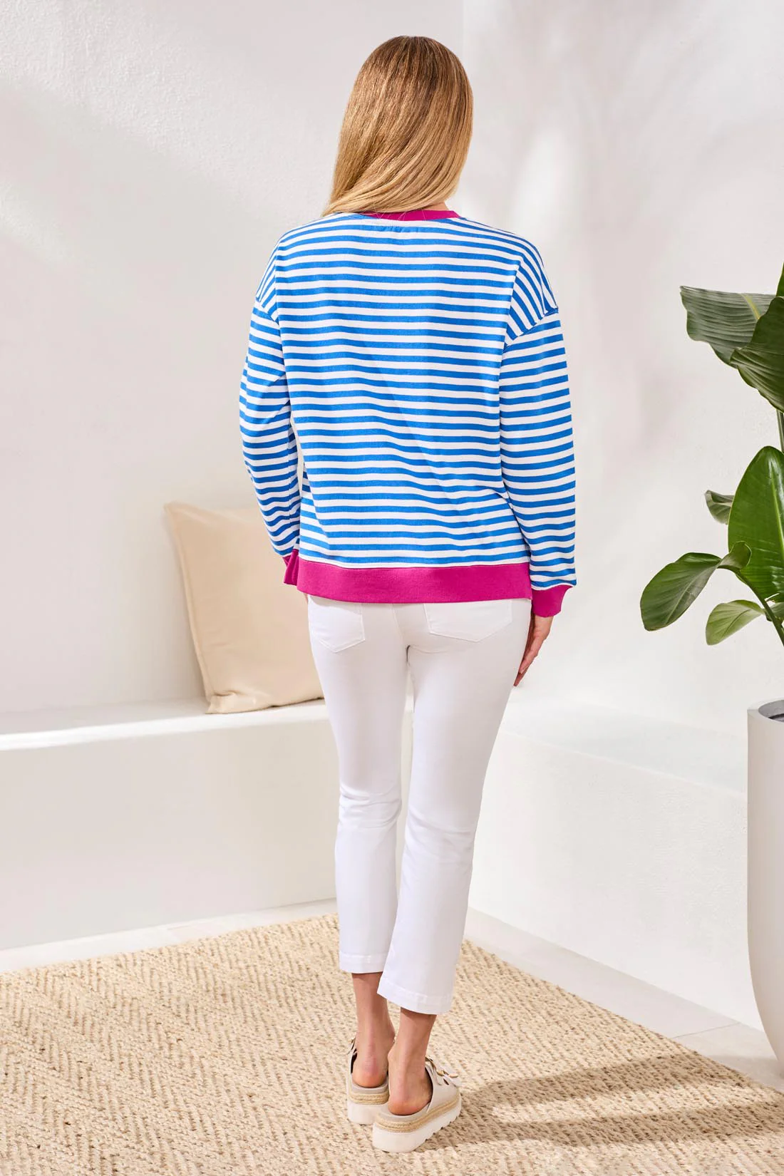 Cotton Crewneck Drop‑Shoulder Long Sleeve Top with Combo Trim-Turkishsea - Image 4