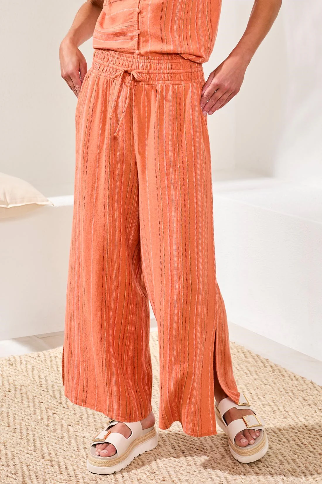 Textured Linen Flowy Wide Leg Pants With Elastic Waist-Guavablush - Image 3