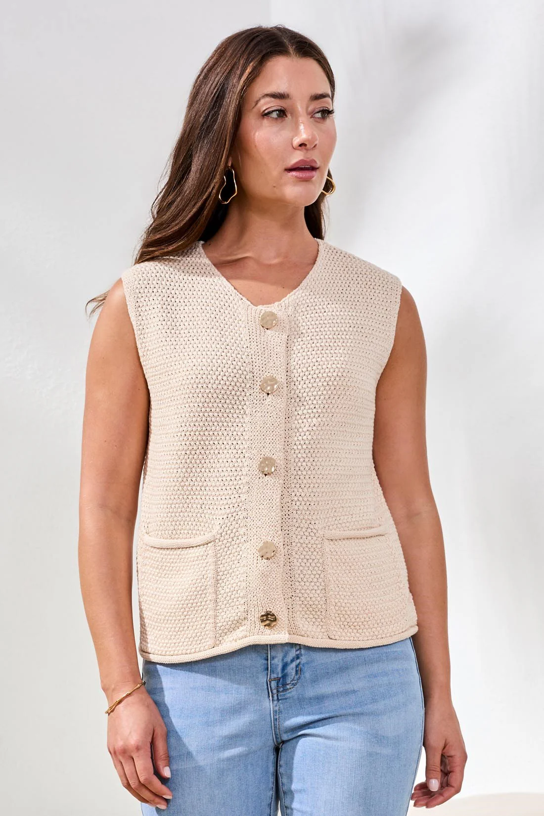 Sweater Vest With Pockets And Decorative Buttons-Cococream