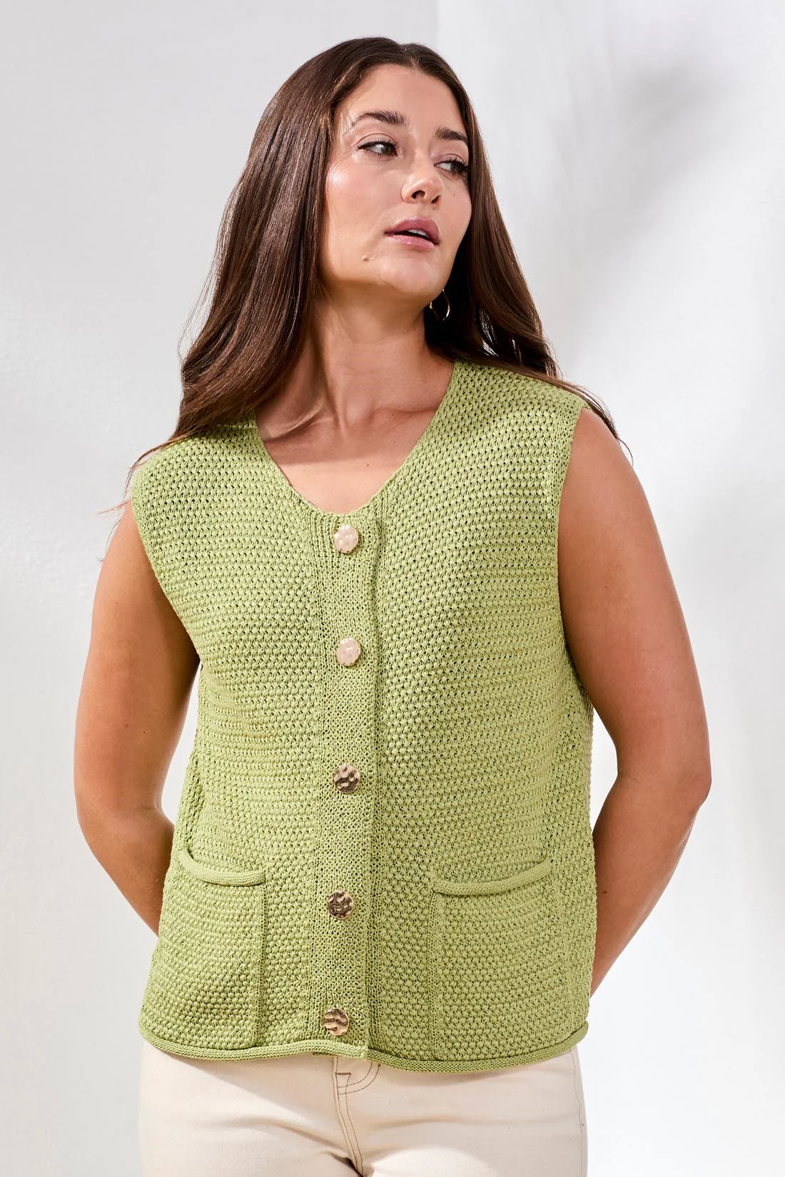 Sweater Vest With Pockets And Decorative Buttons-Kiwizest - Image 4