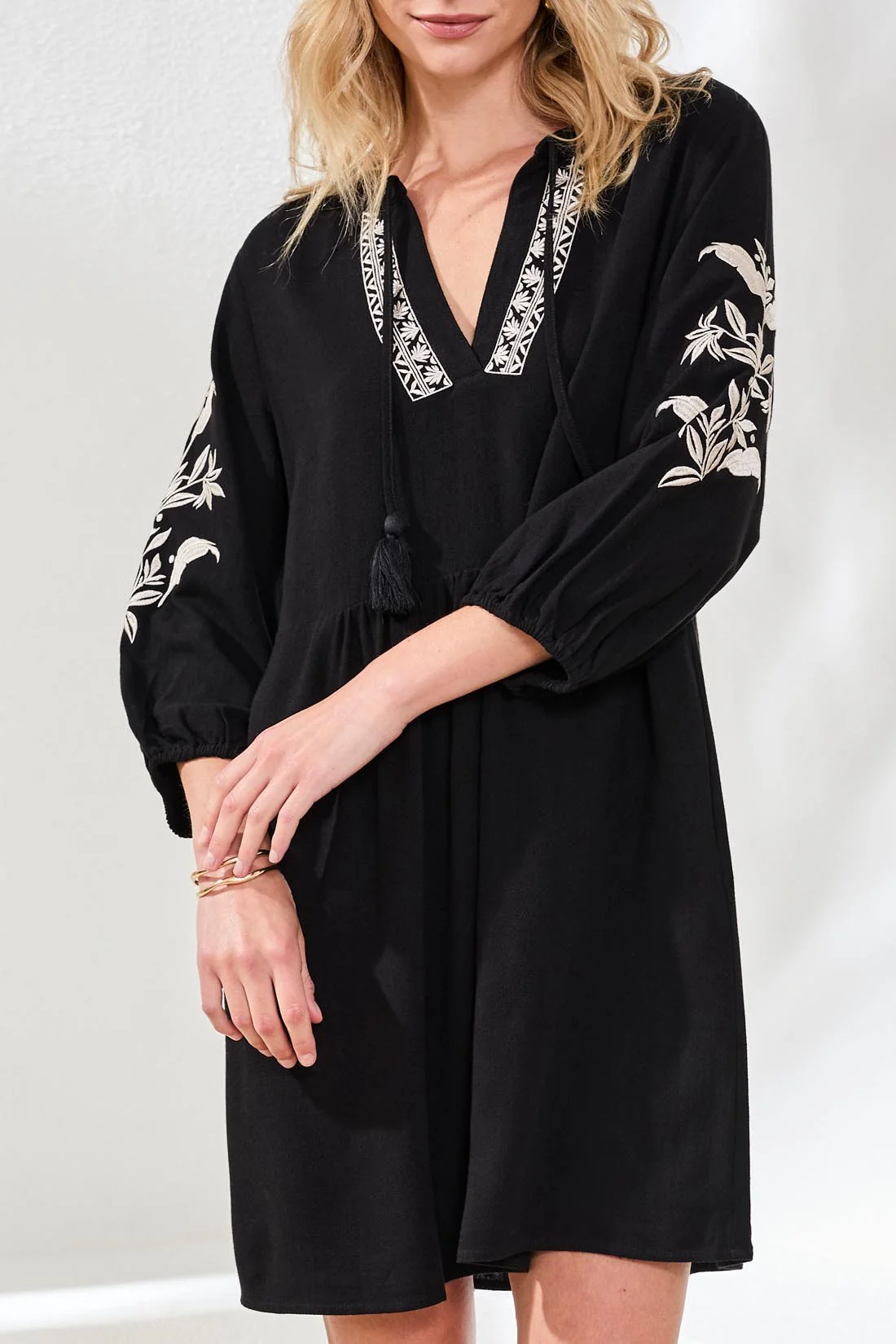 Textured Linen 3/4 Sleeve Embroidered V-Neck Dress-Black - Image 2