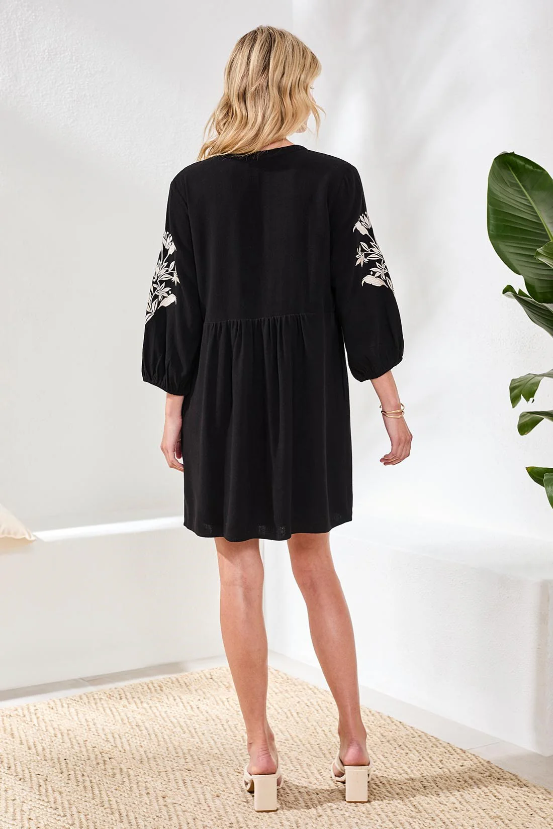 Textured Linen 3/4 Sleeve Embroidered V-Neck Dress-Black - Image 4