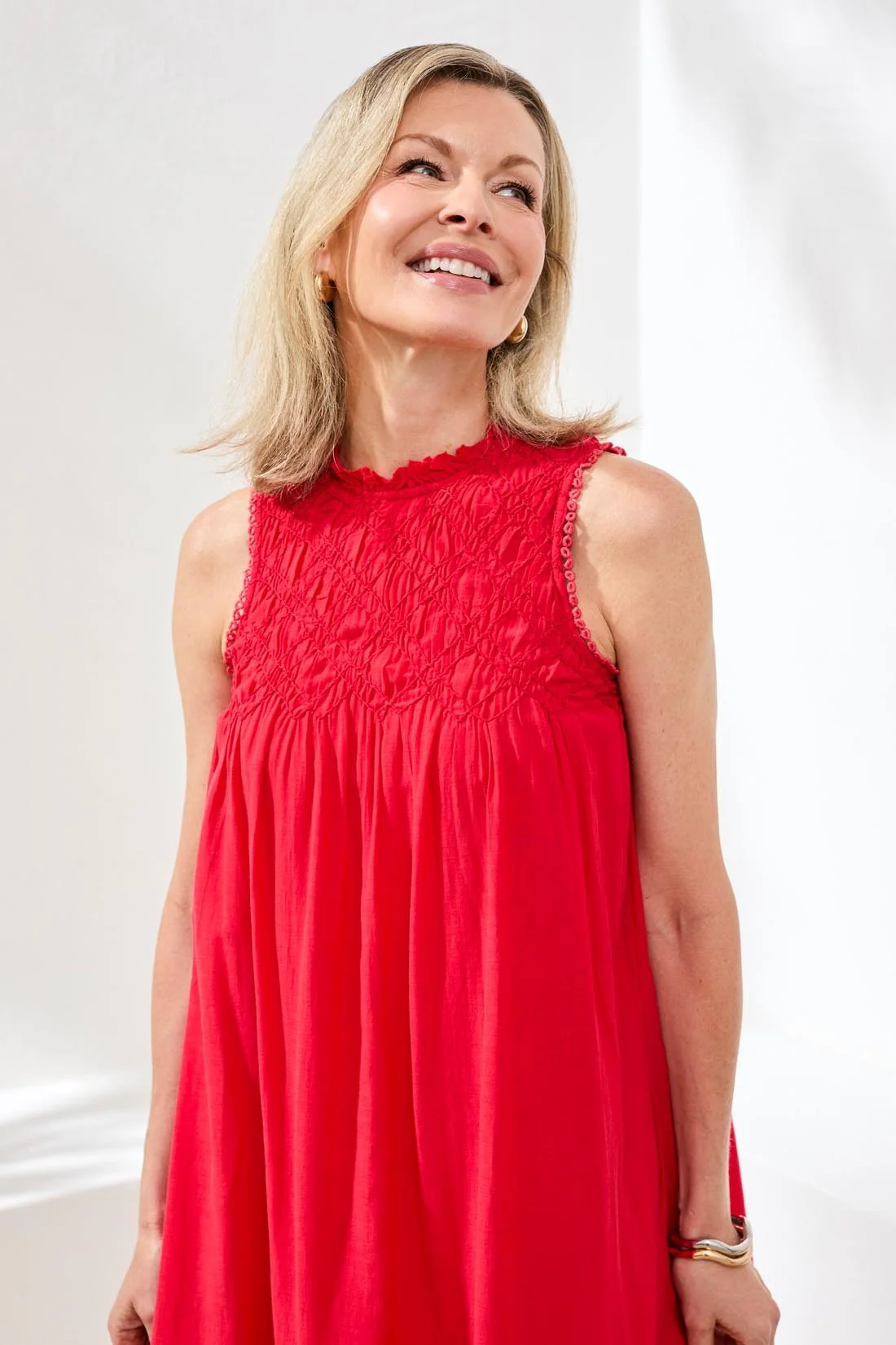 Textured Poplin Sleeveless Crewneck A-Line Dress-Sangria - Image 3