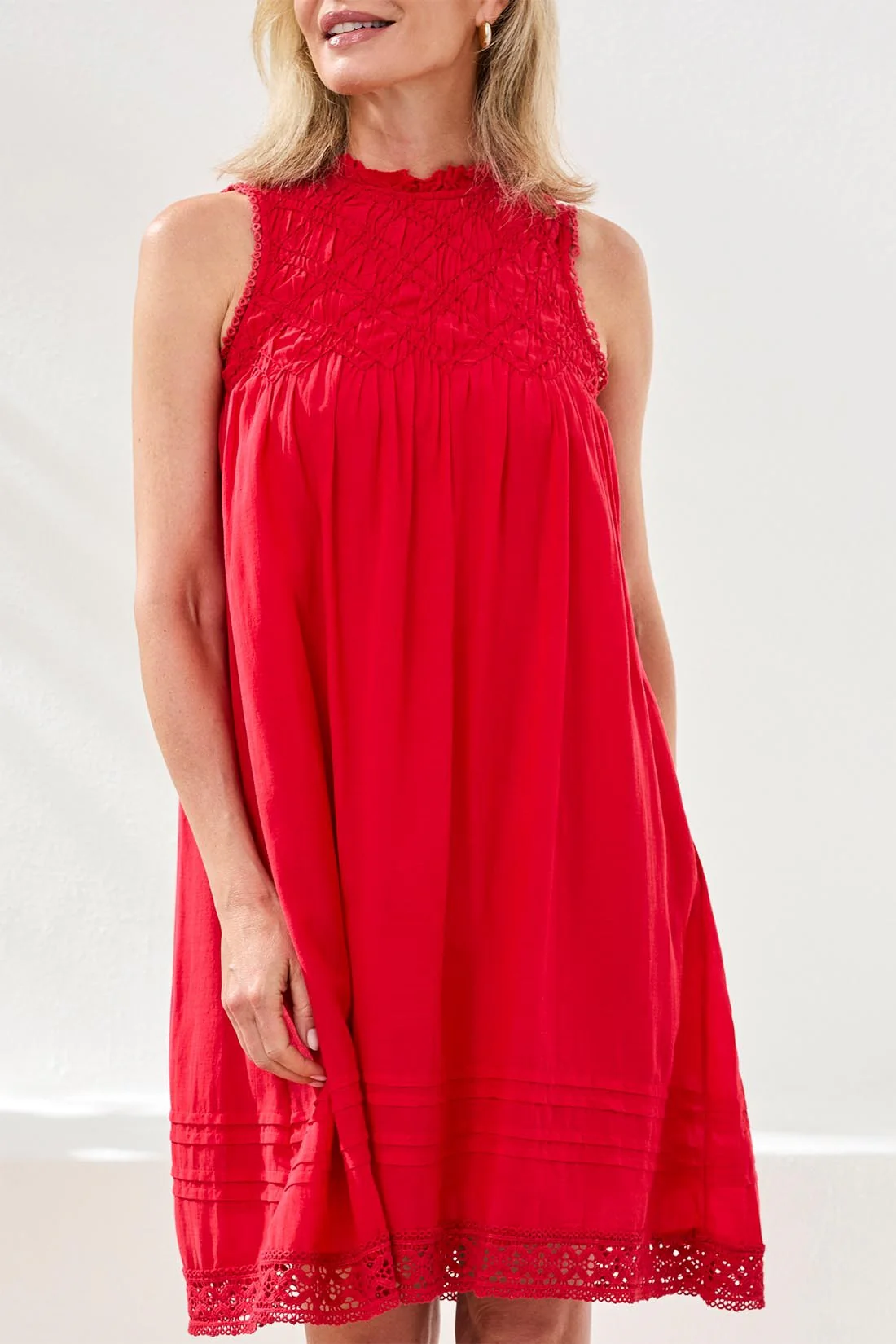 Textured Poplin Sleeveless Crewneck A-Line Dress-Sangria - Image 4