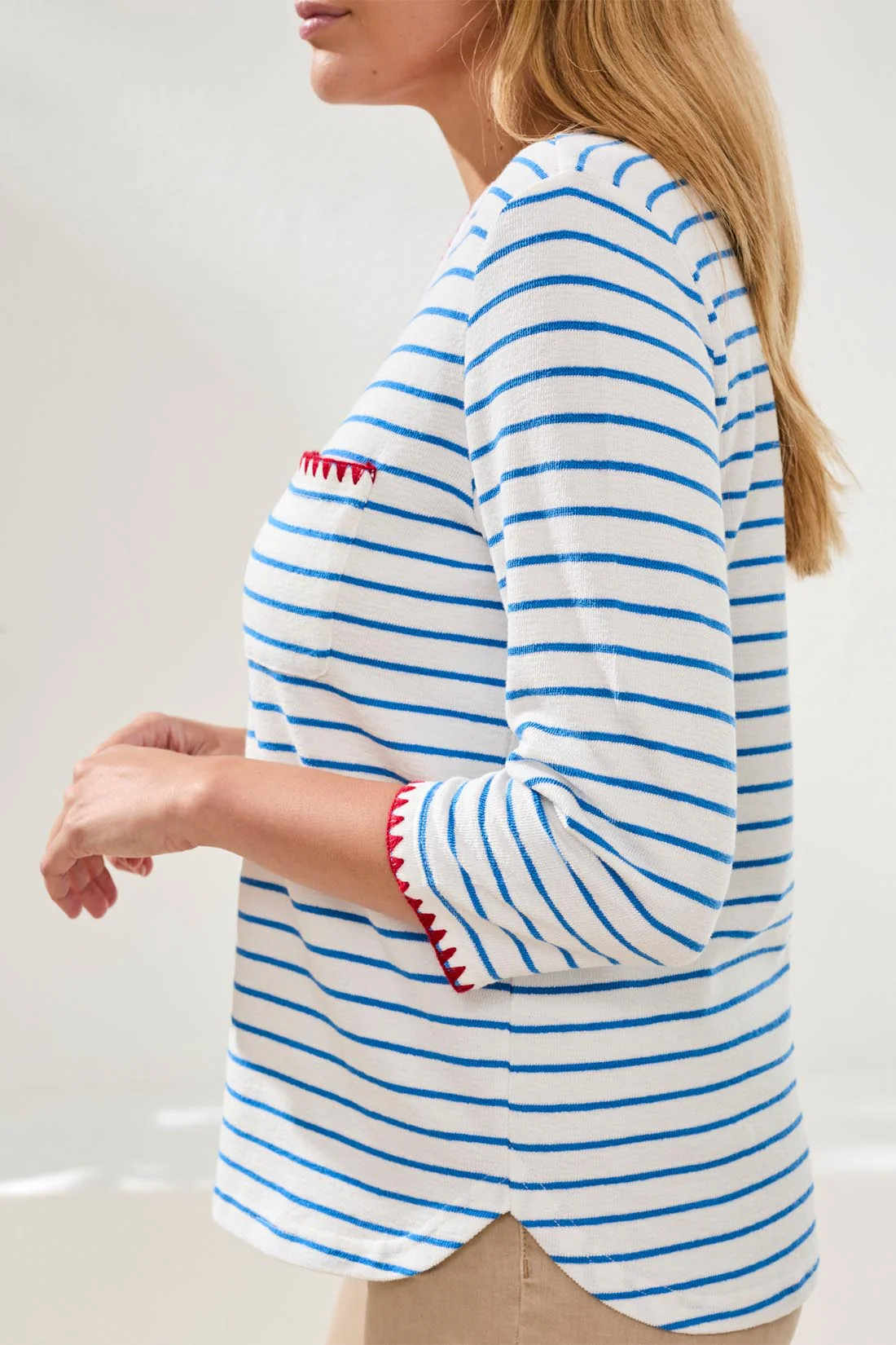 Textured Stripe Knit 3/4 Sleeve Crew Neck Top With Contrast Detail-Royal - Image 3